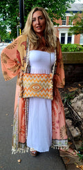 Parrot Backed Tassel Trimmed Long Line Kaftan Tangerine & Oatmeal