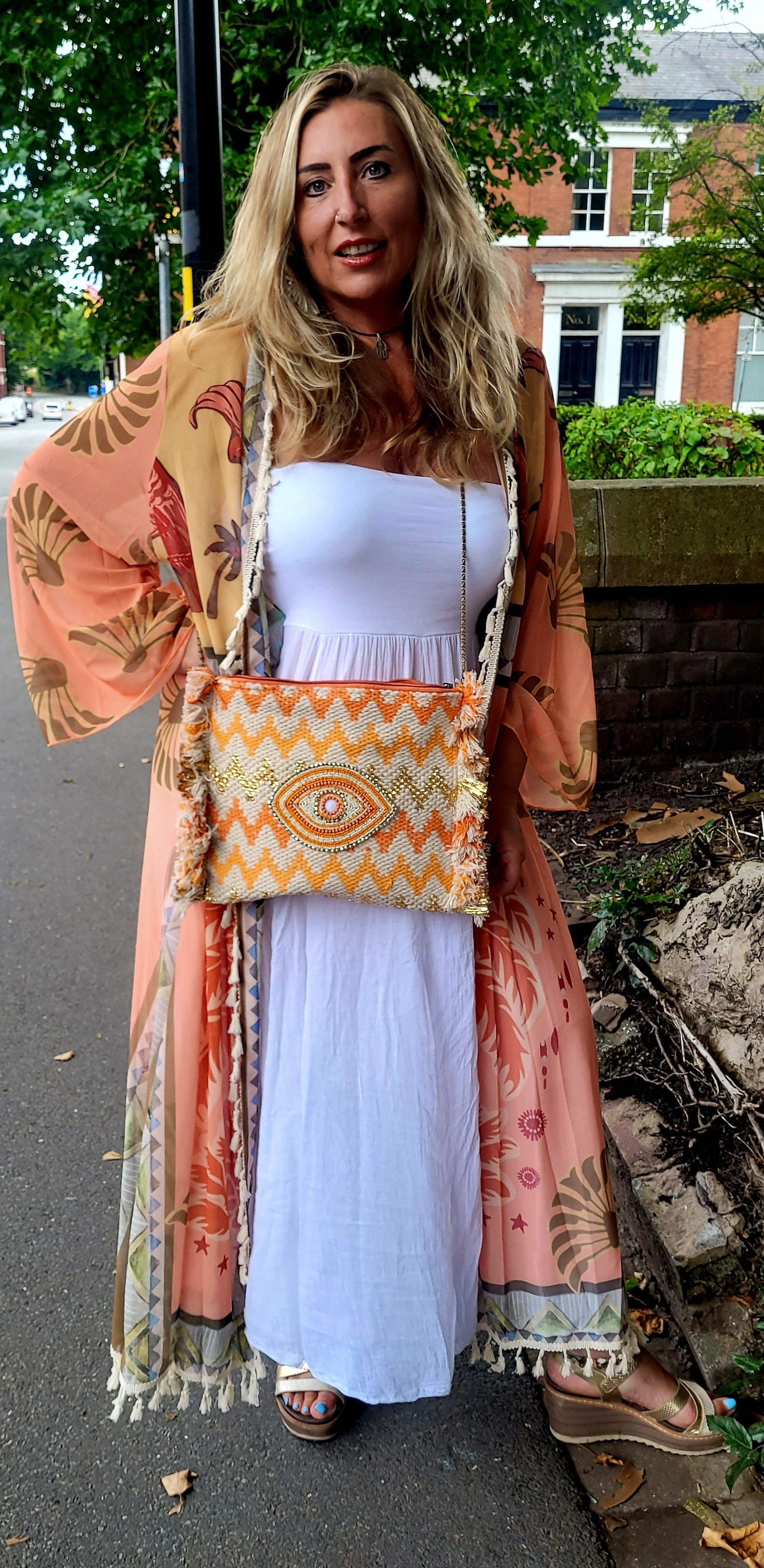 Parrot Backed Tassel Trimmed Long Line Kaftan Tangerine & Oatmeal
