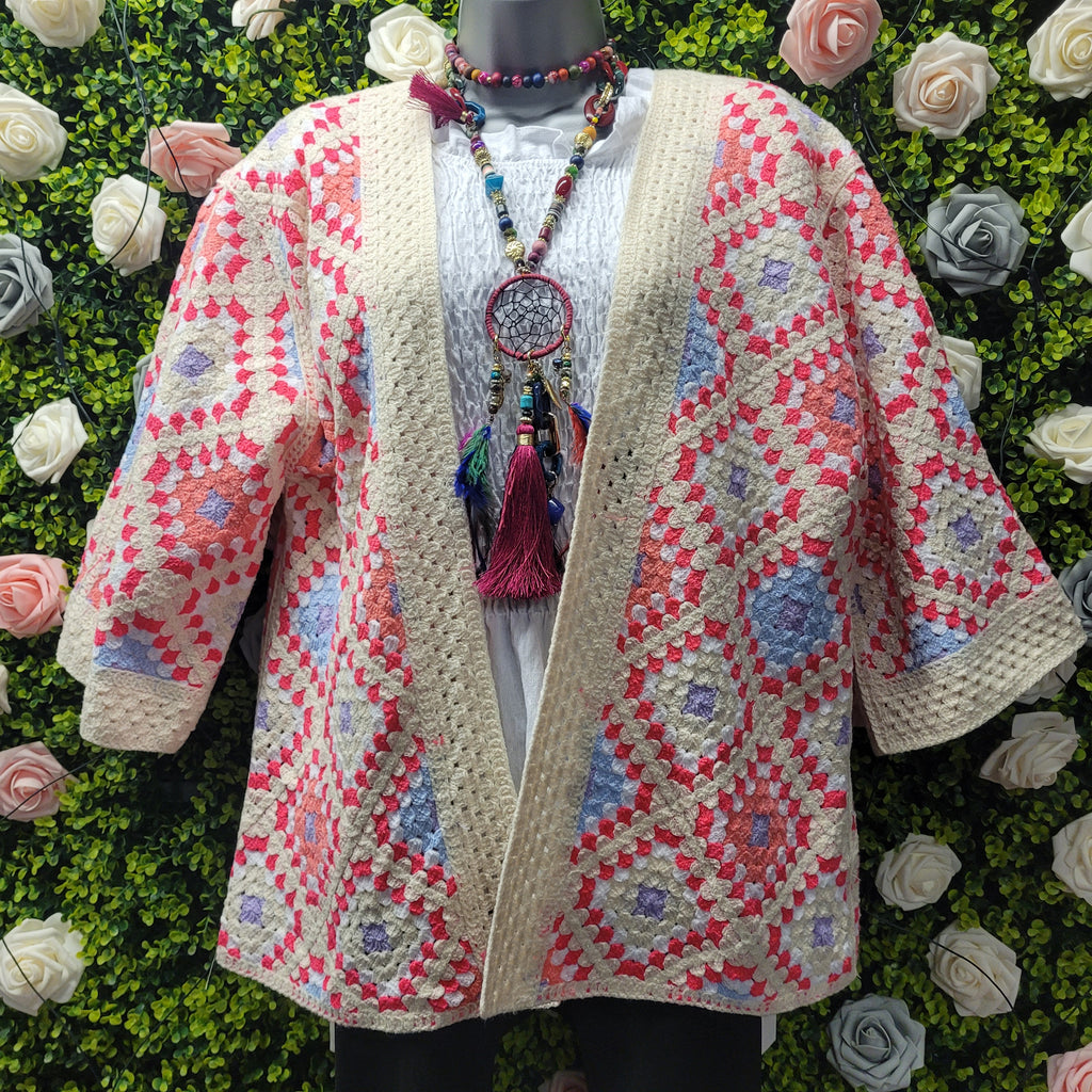 Eloise Crochet Knit Cardi Pink & Ivory