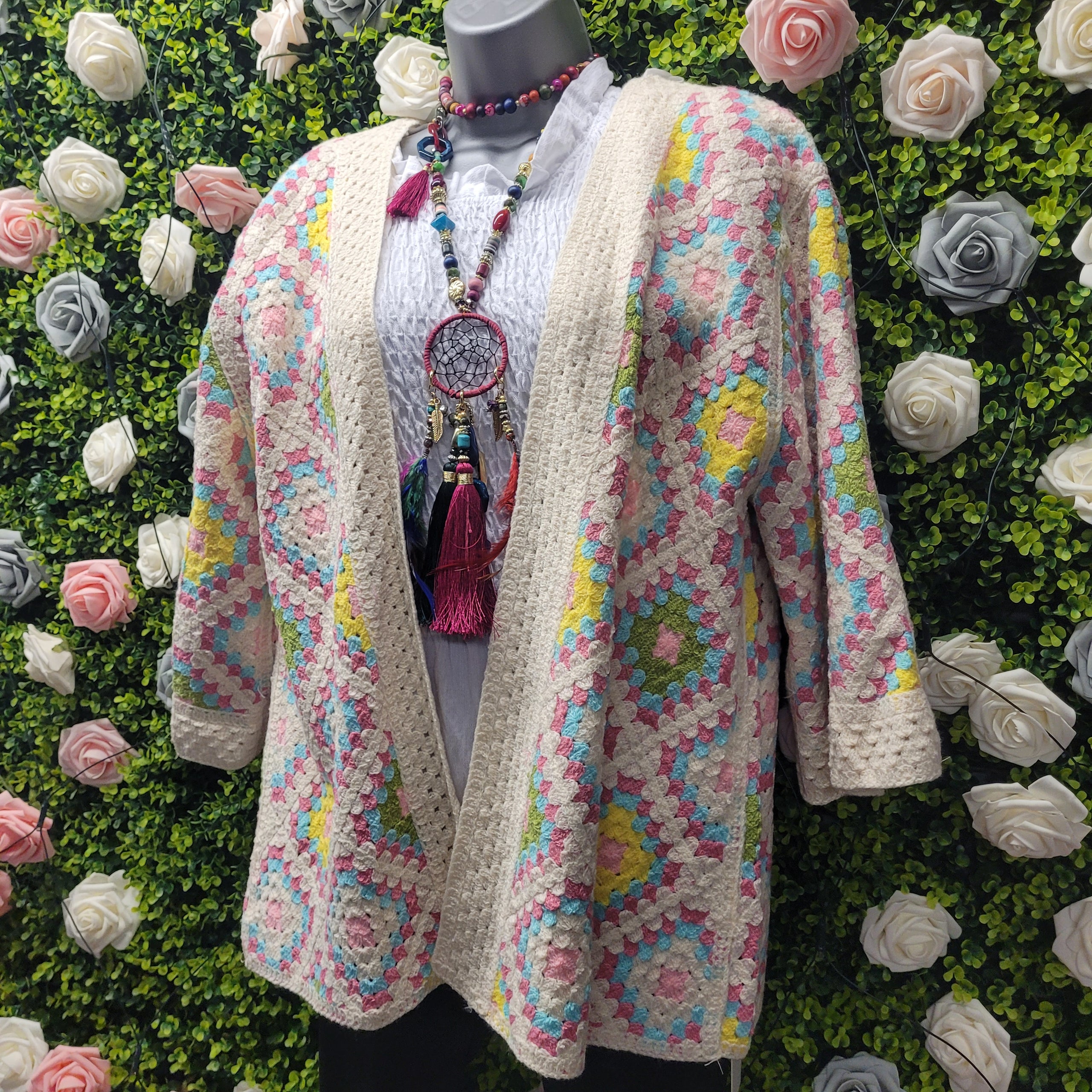 Eloise Crochet Knit Cardi Lemon, Ivory & Baby Pink