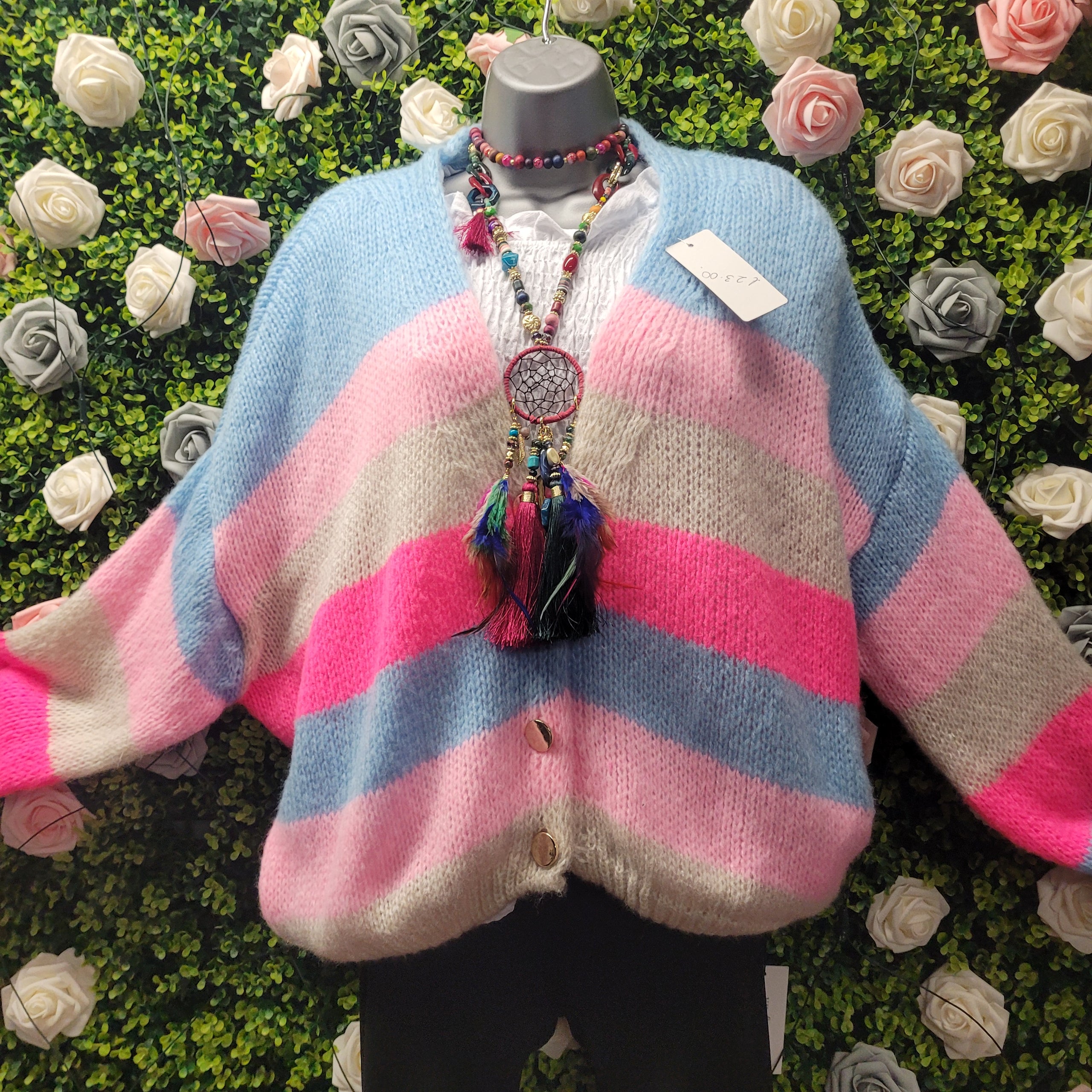Samira Button Down Cardigan, Pink & Blue Stripes