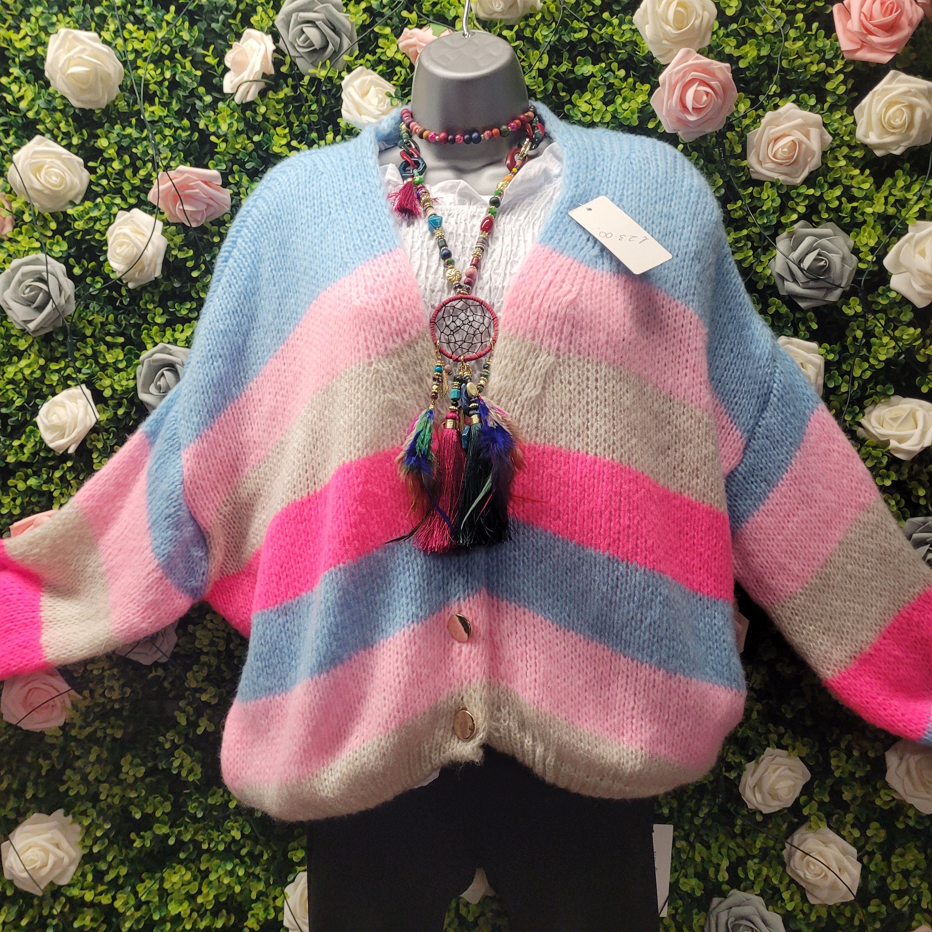 Button Down Cardigan, Pink & Blue Stripes