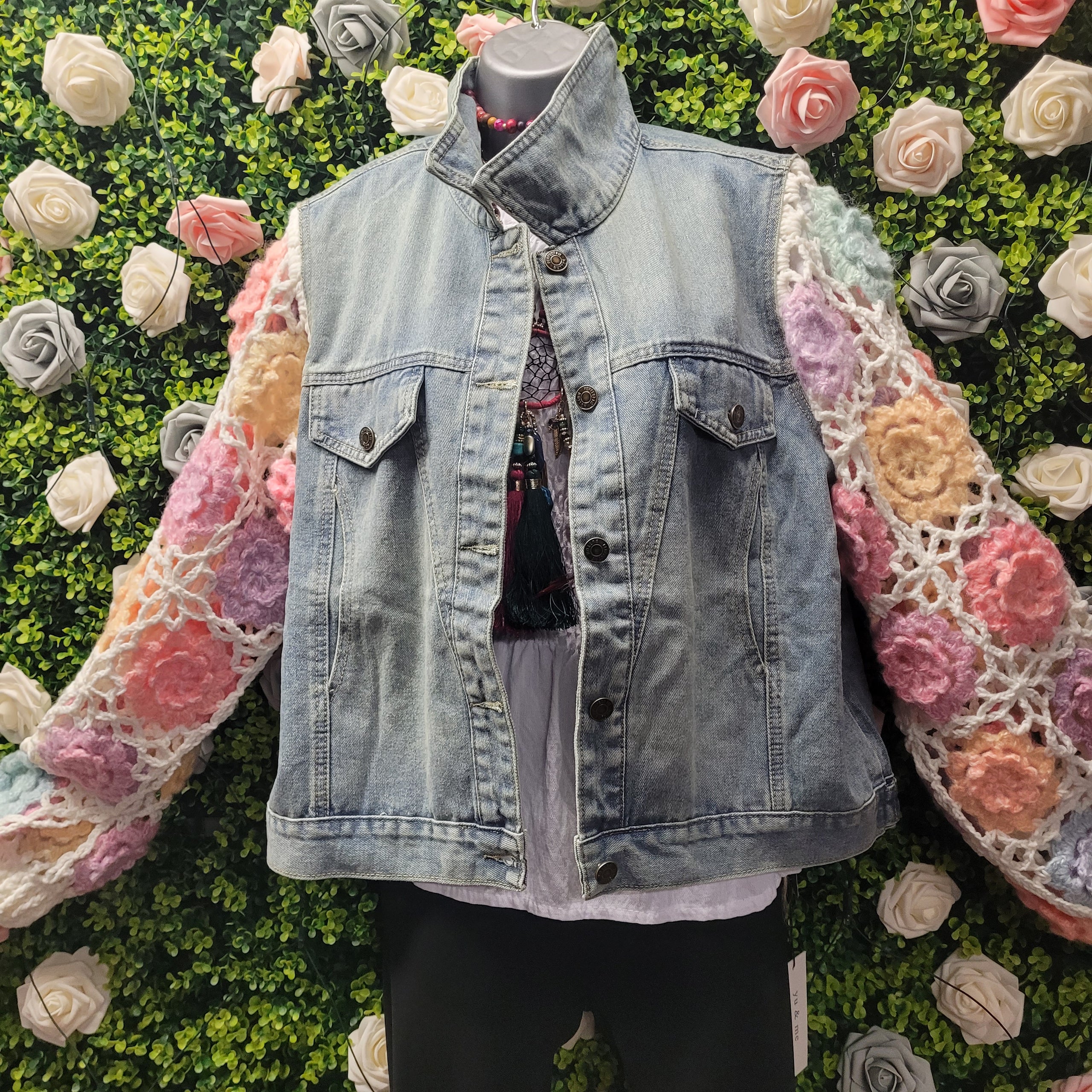 Penelope Washed Denim Crochet Sleeve Jacket