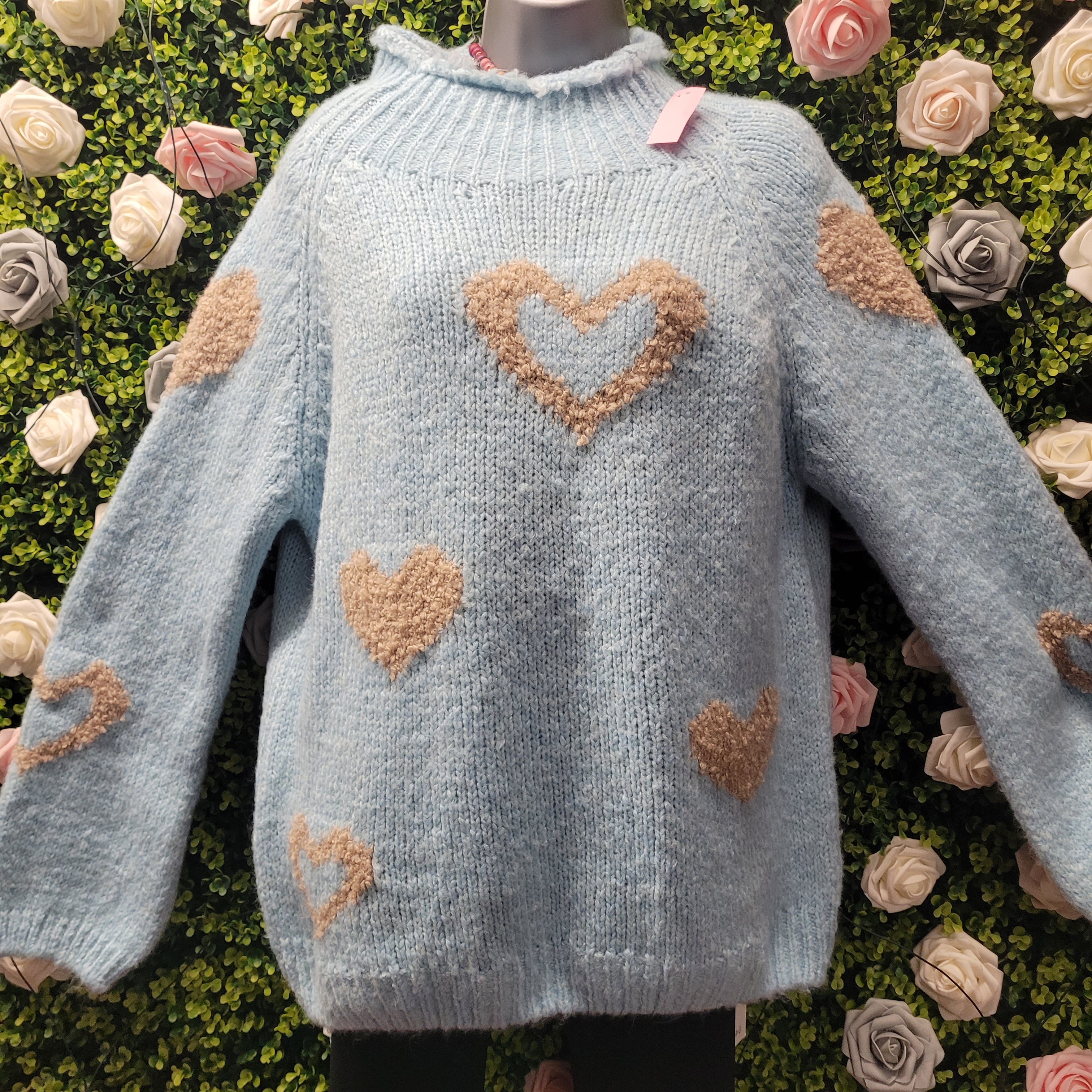Cowel Neck Heart Knit Jumper Sky Blue and Oatmeal
