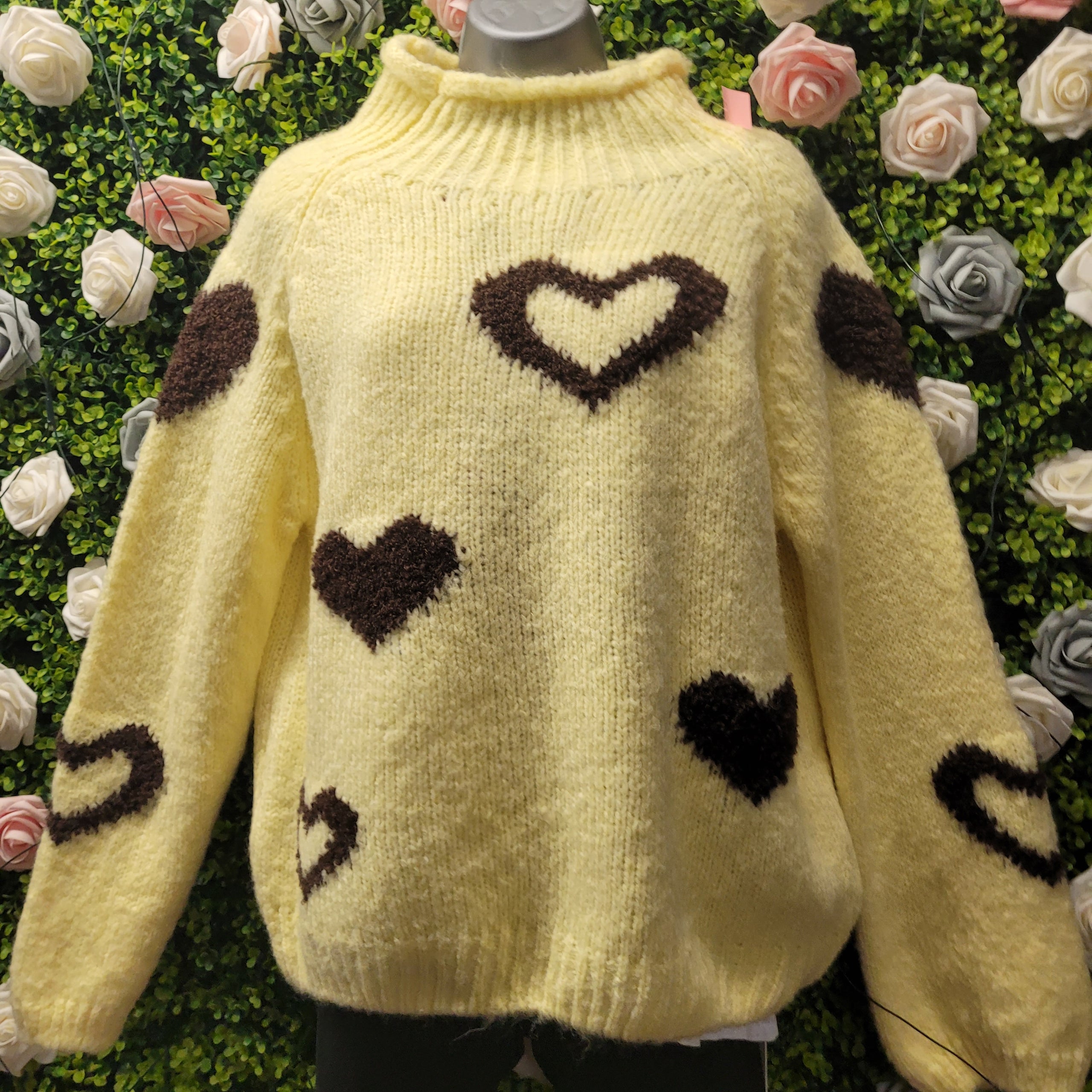 Cowel Neck Heart Knit Jumper Lemon and Chocolate