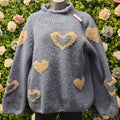 Cowel Neck Heart Knit Jumper Washed Denim and Oatmeal