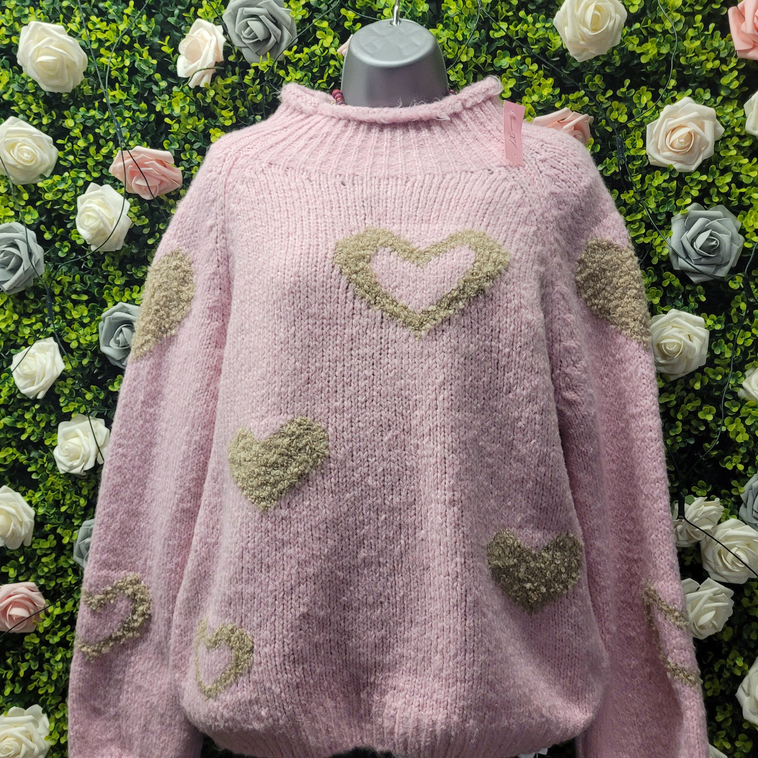 Cowel Neck Heart Knit Jumper Pale Pink & Oatmeal