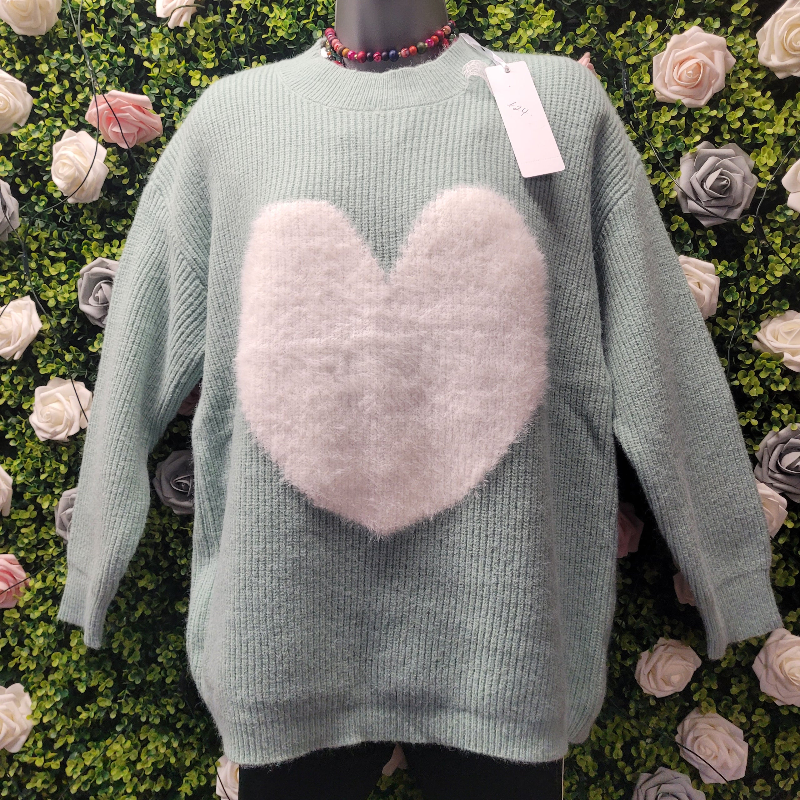 Hatty Heart Cable Knit Jumper Teal and Ivory