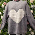 Hatty Heart Cable Knit Jumper Pale Grey and White