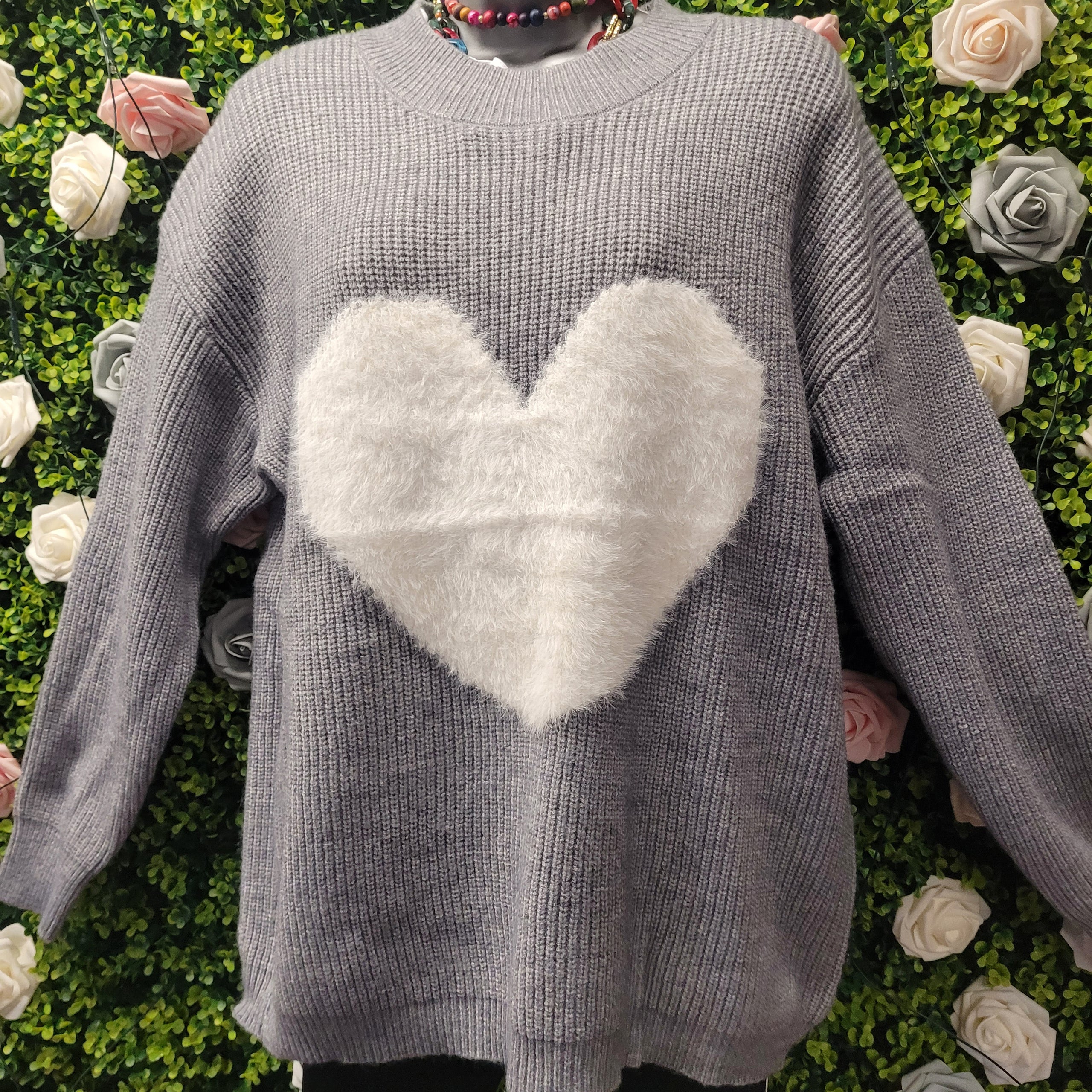 Hatty Heart Cable Knit Jumper Pale Grey and White