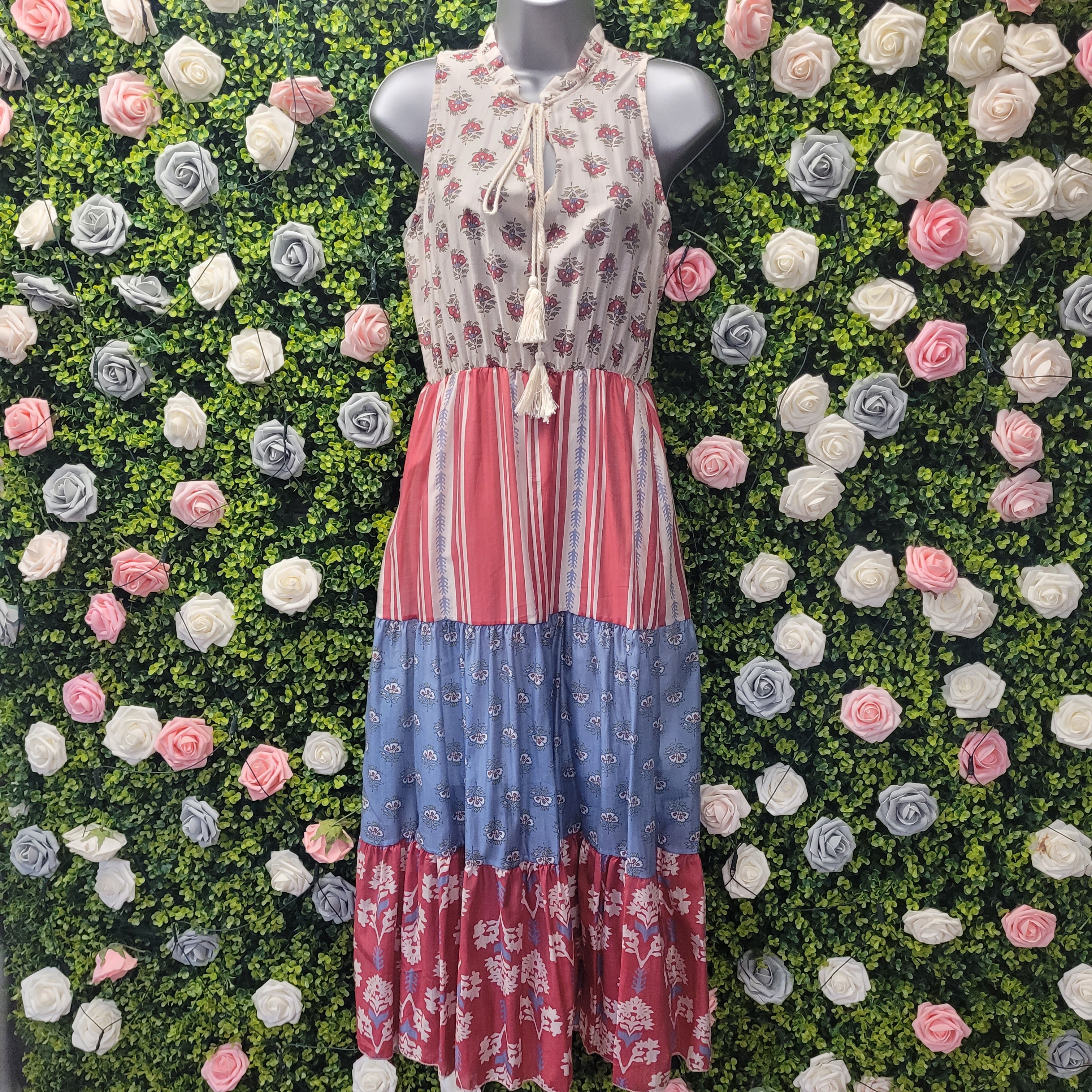 Belinda Boho Maxi Dress Raspberry and Ivory