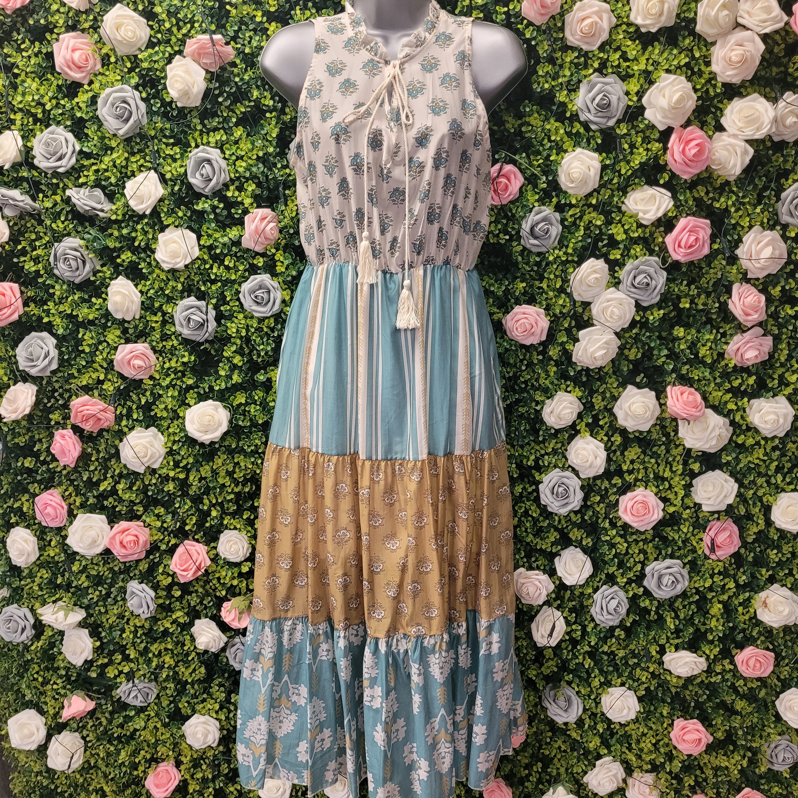Belinda Boho Maxi Dress Teal and Ivory