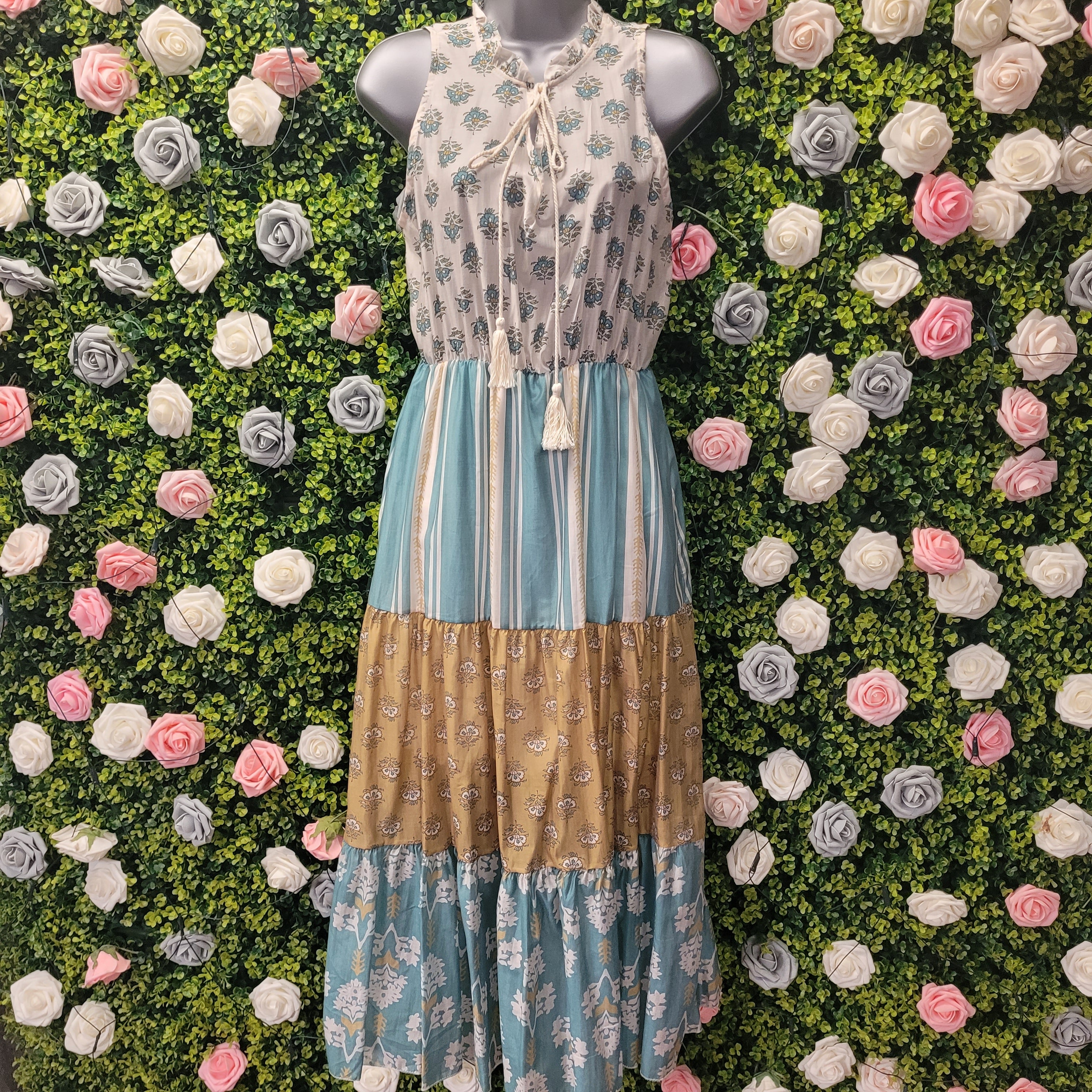 Belinda Boho Maxi Dress Teal and Ivory