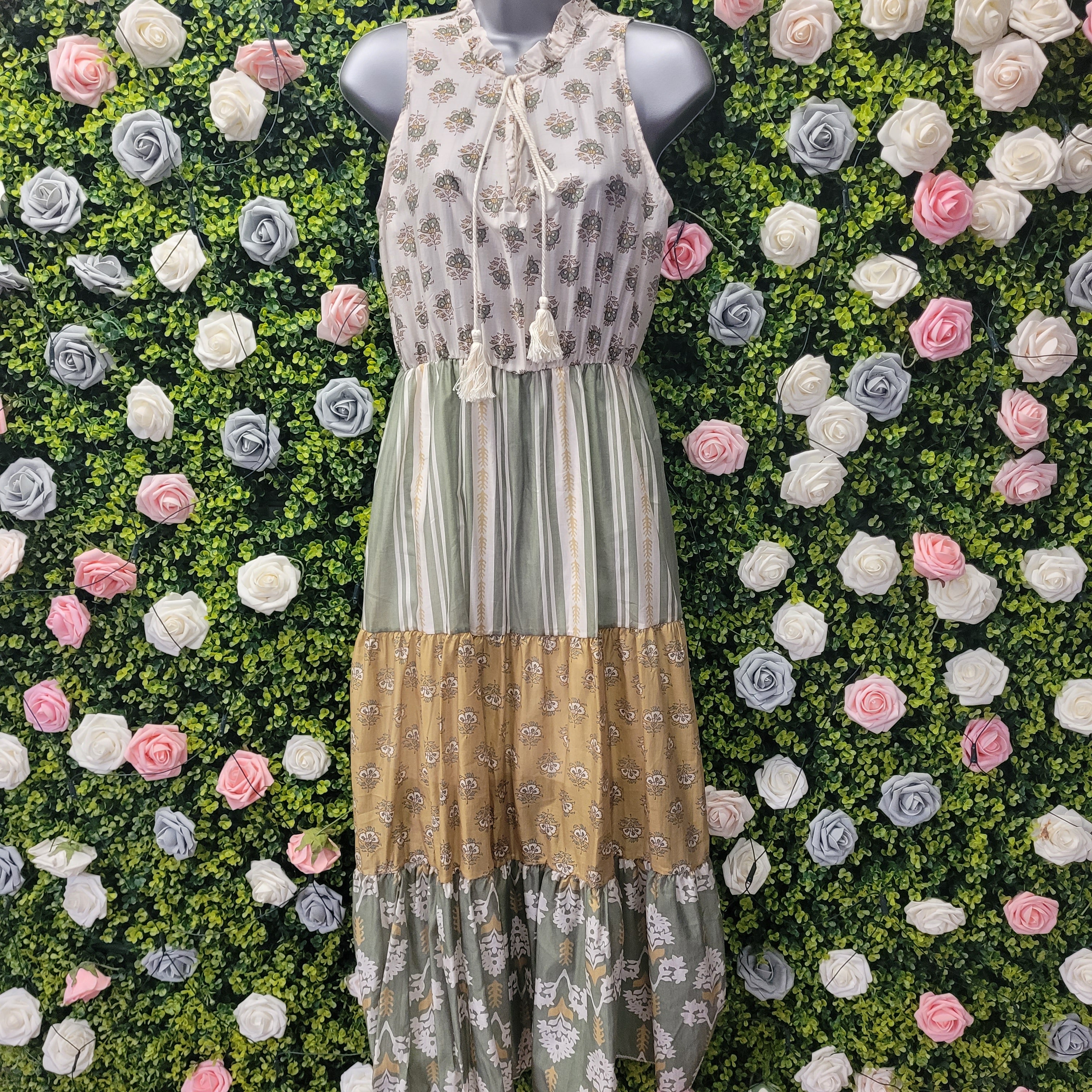 Belinda Boho Maxi Dress Forest Green and Ivory