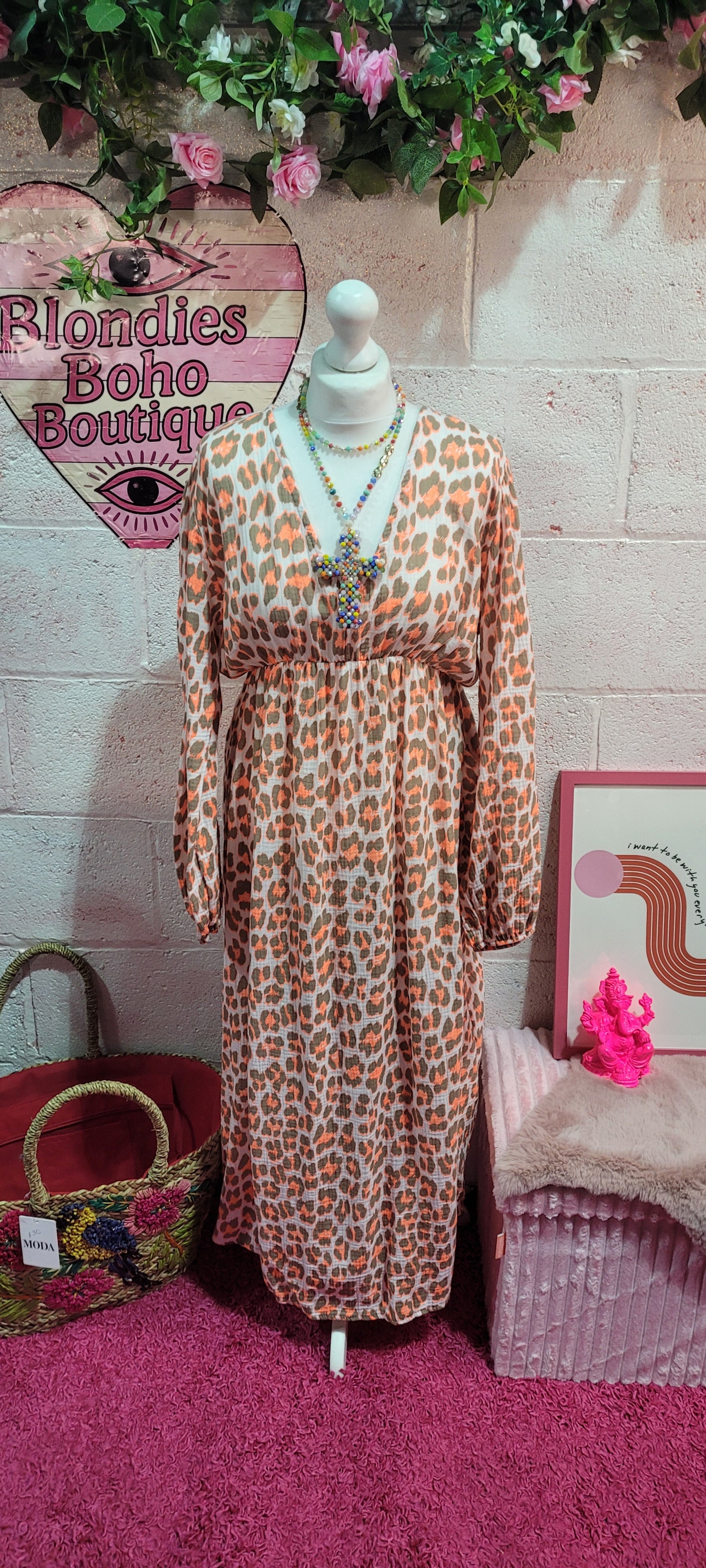 Waffle Cotton V Neck Fluo Leopard Print Maxi Dress Tangerine & Mocha
