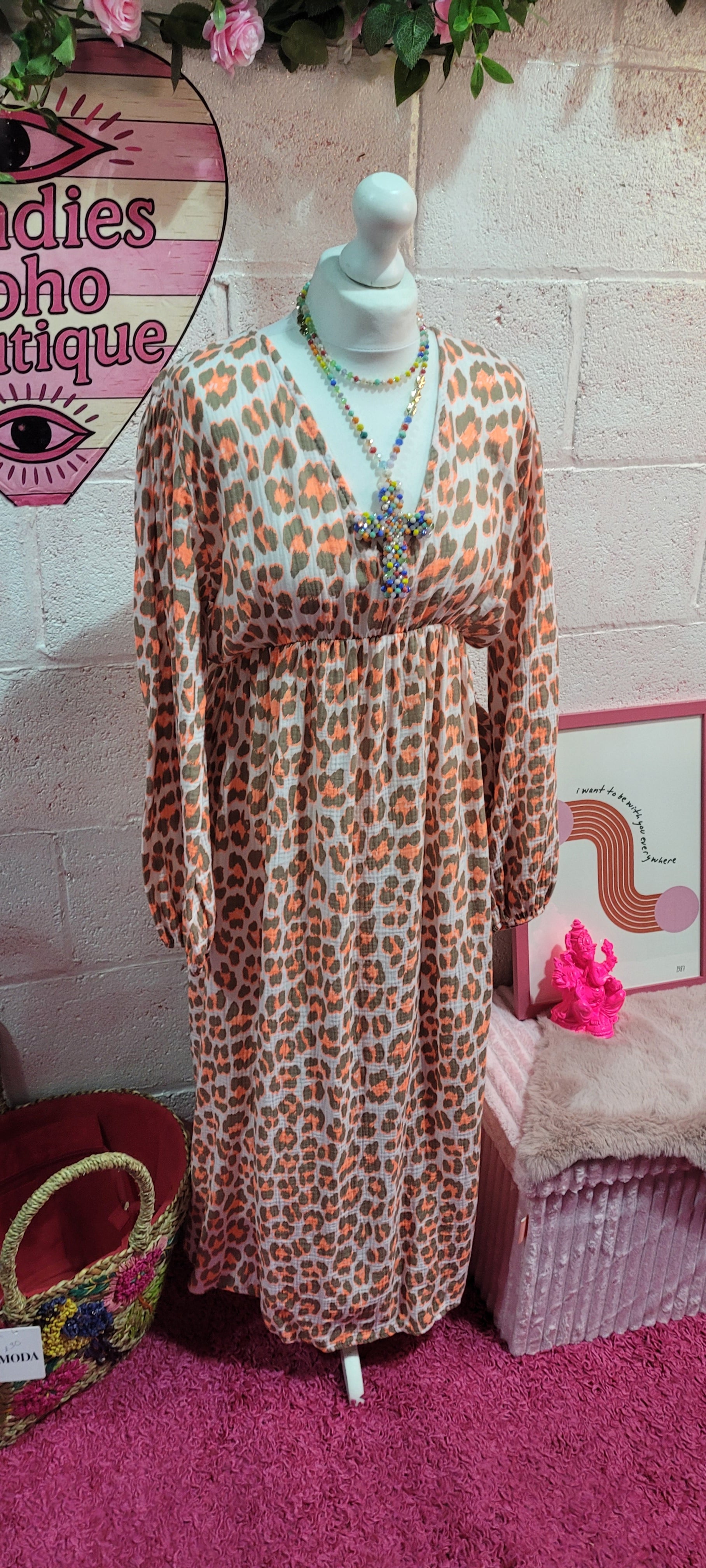 Waffle Cotton V Neck Fluo Leopard Print Maxi Dress Tangerine & Mocha