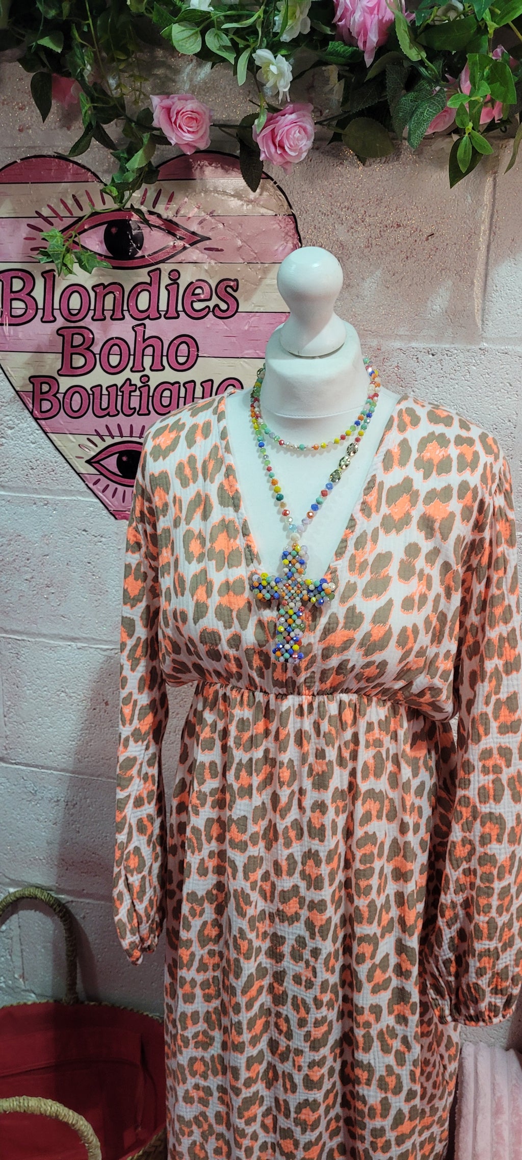 Waffle Cotton V Neck Fluo Leopard Print Maxi Dress Tangerine & Mocha