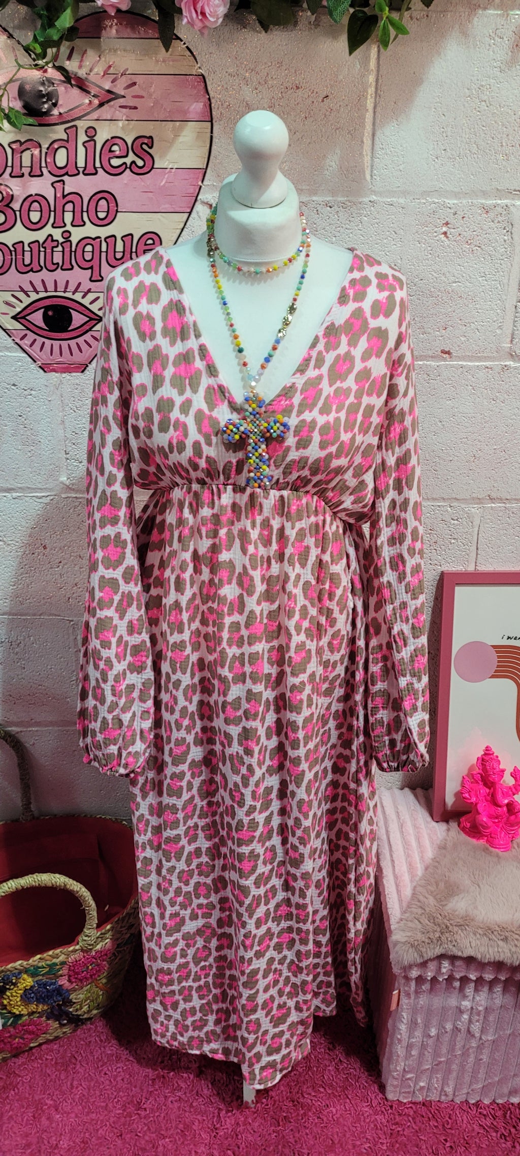 Waffle Cotton V Neck Fluo Leopard Print Maxi Dress Fuschia & Mocha