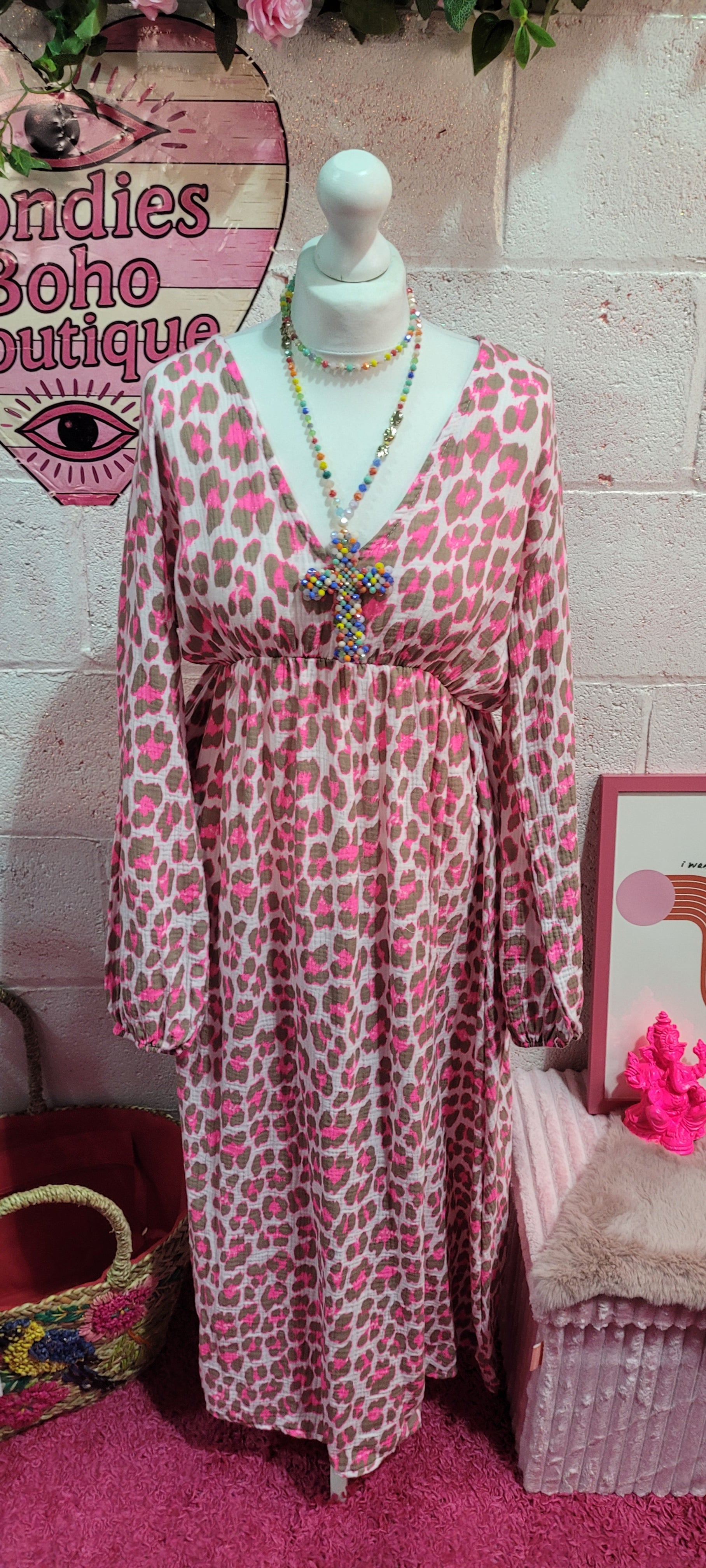 Waffle Cotton V Neck Fluo Leopard Print Maxi Dress Fuschia & Mocha