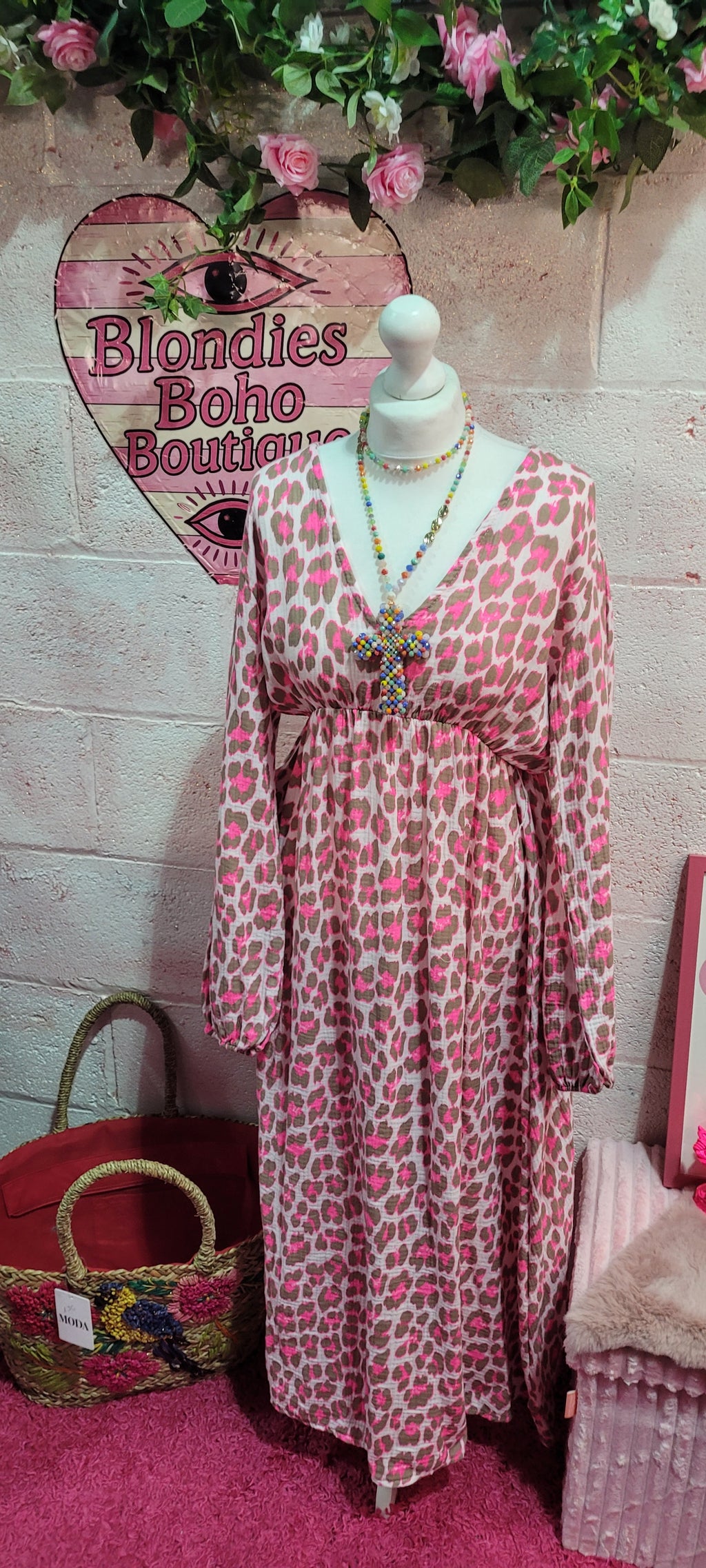 Waffle Cotton V Neck Fluo Leopard Print Maxi Dress Fuschia & Mocha