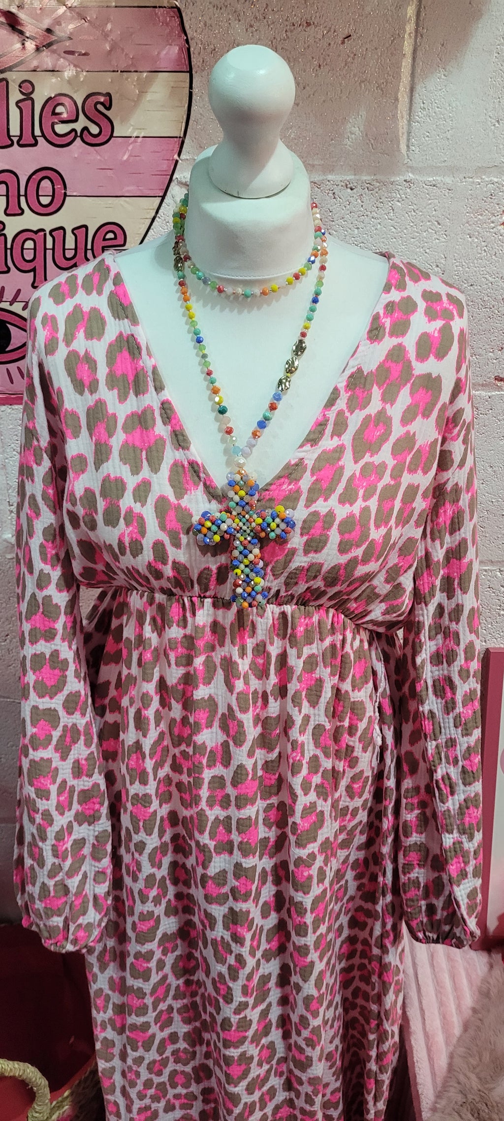 Waffle Cotton V Neck Fluo Leopard Print Maxi Dress Fuschia & Mocha