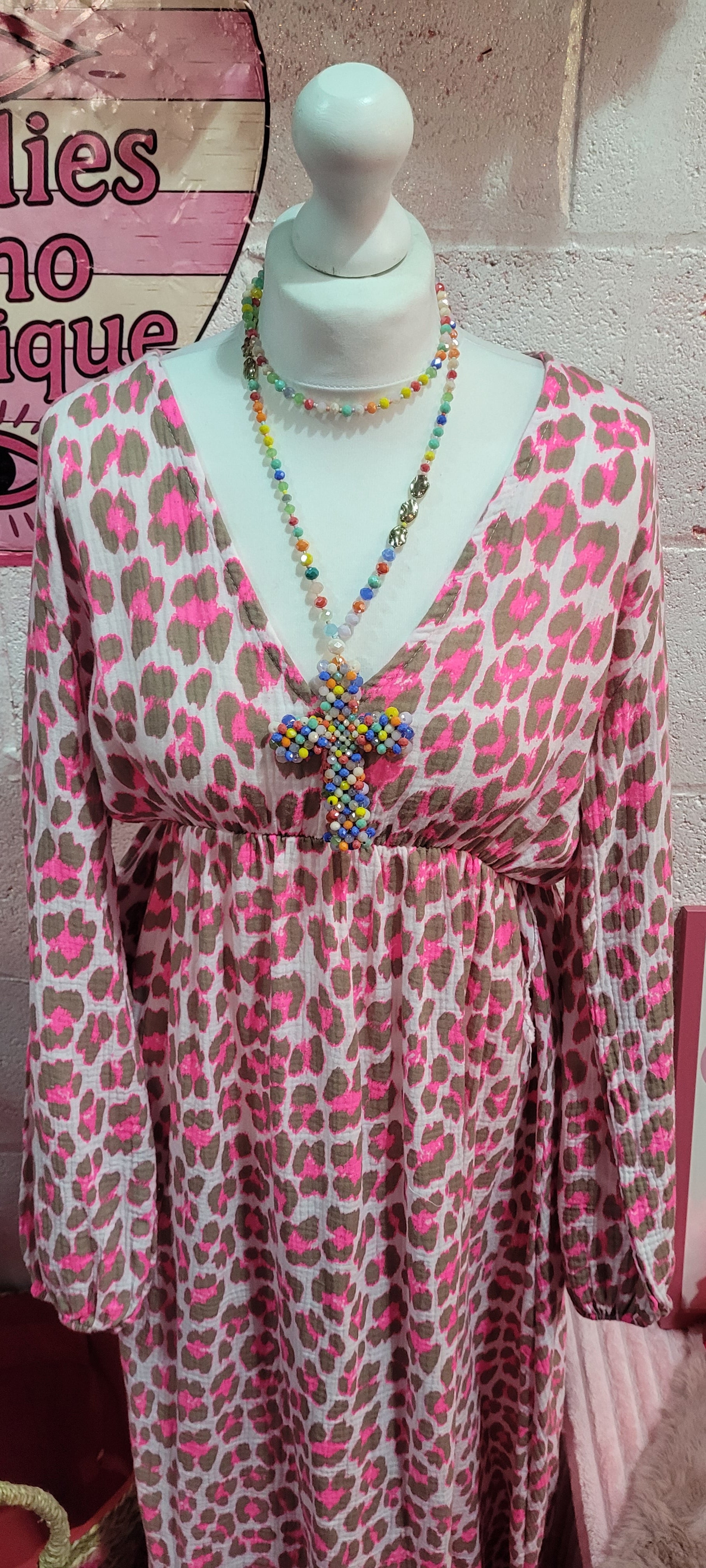 Waffle Cotton V Neck Fluo Leopard Print Maxi Dress Fuschia & Mocha