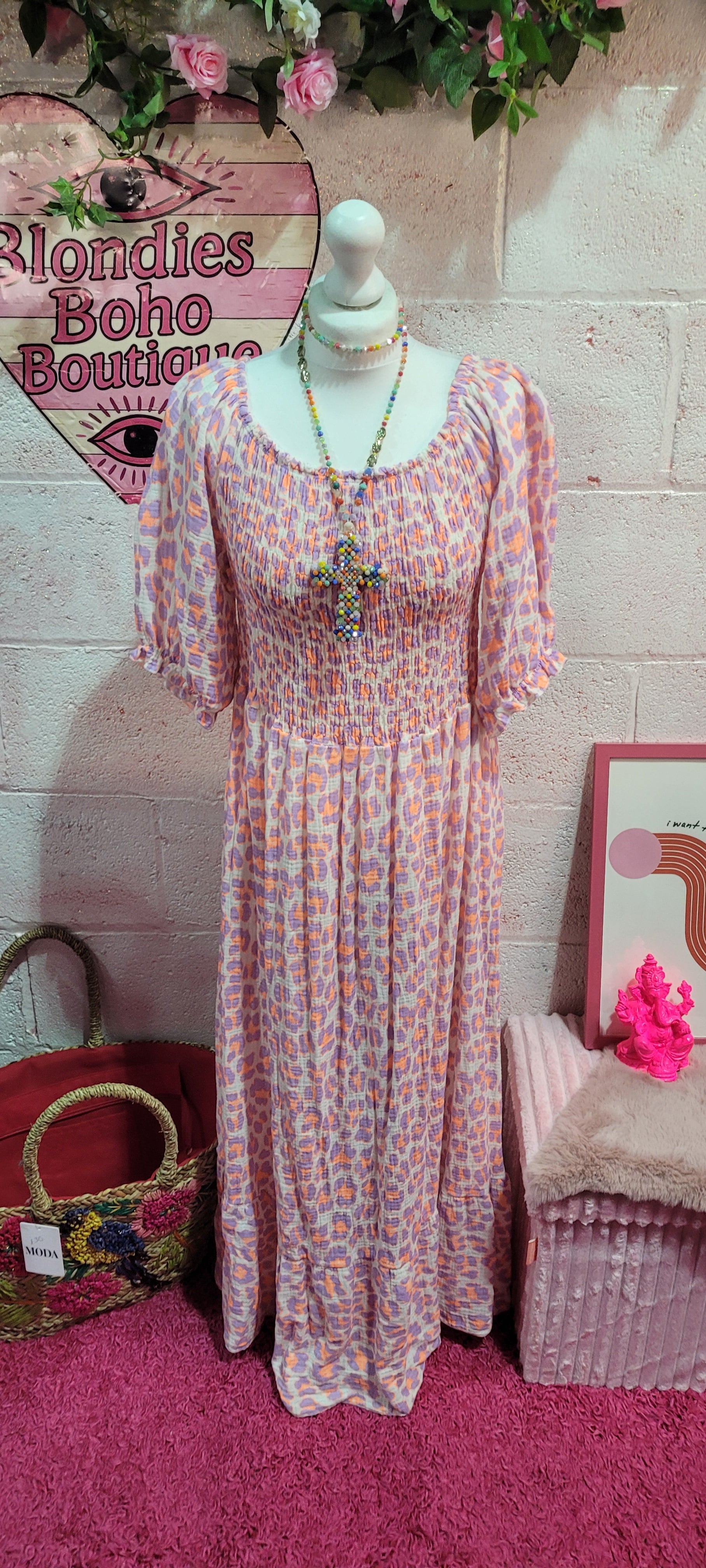 Waffle Cotton Elastine Bust Fluo Leopard Print Maxi Dress Orange & Lilac