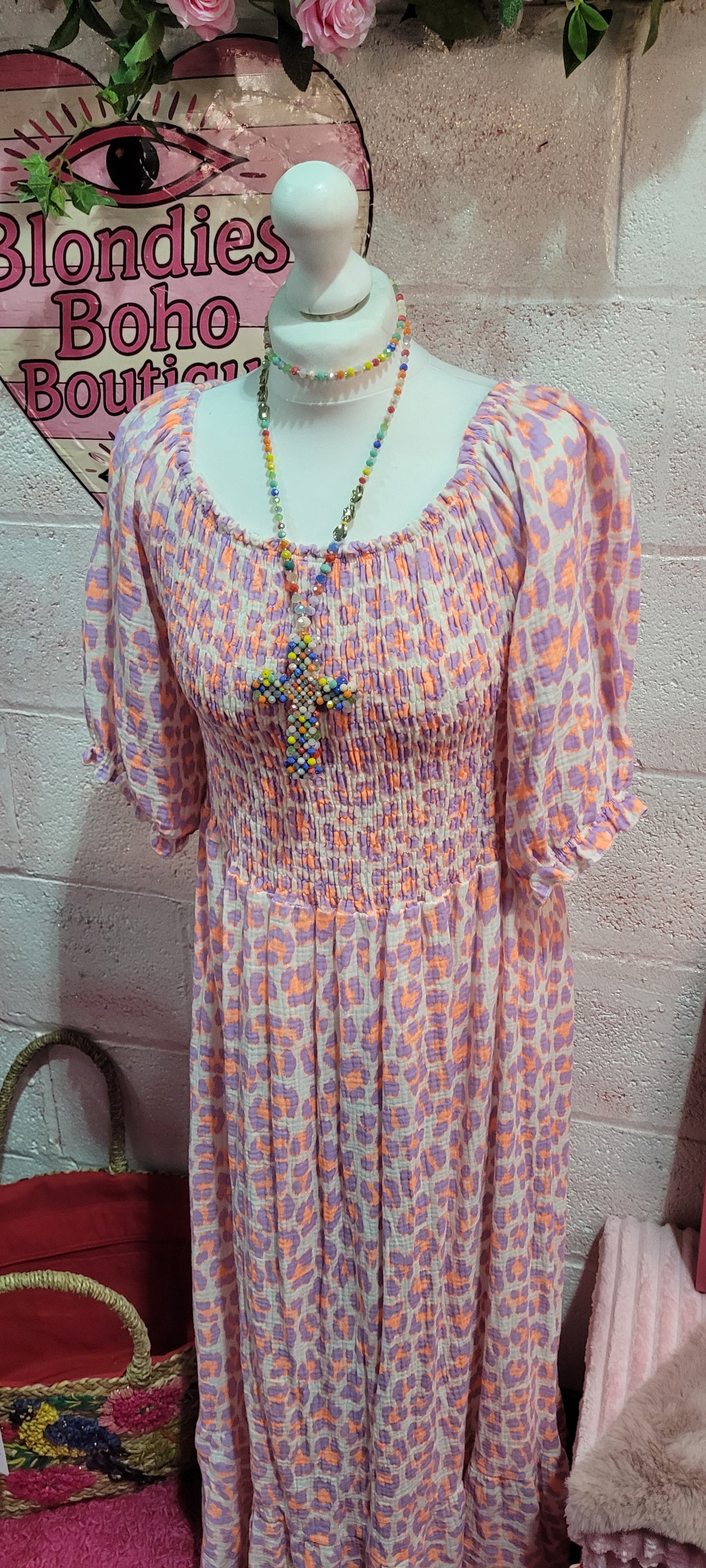 Waffle Cotton Elastine Bust Fluo Leopard Print Maxi Dress Orange & Lilac