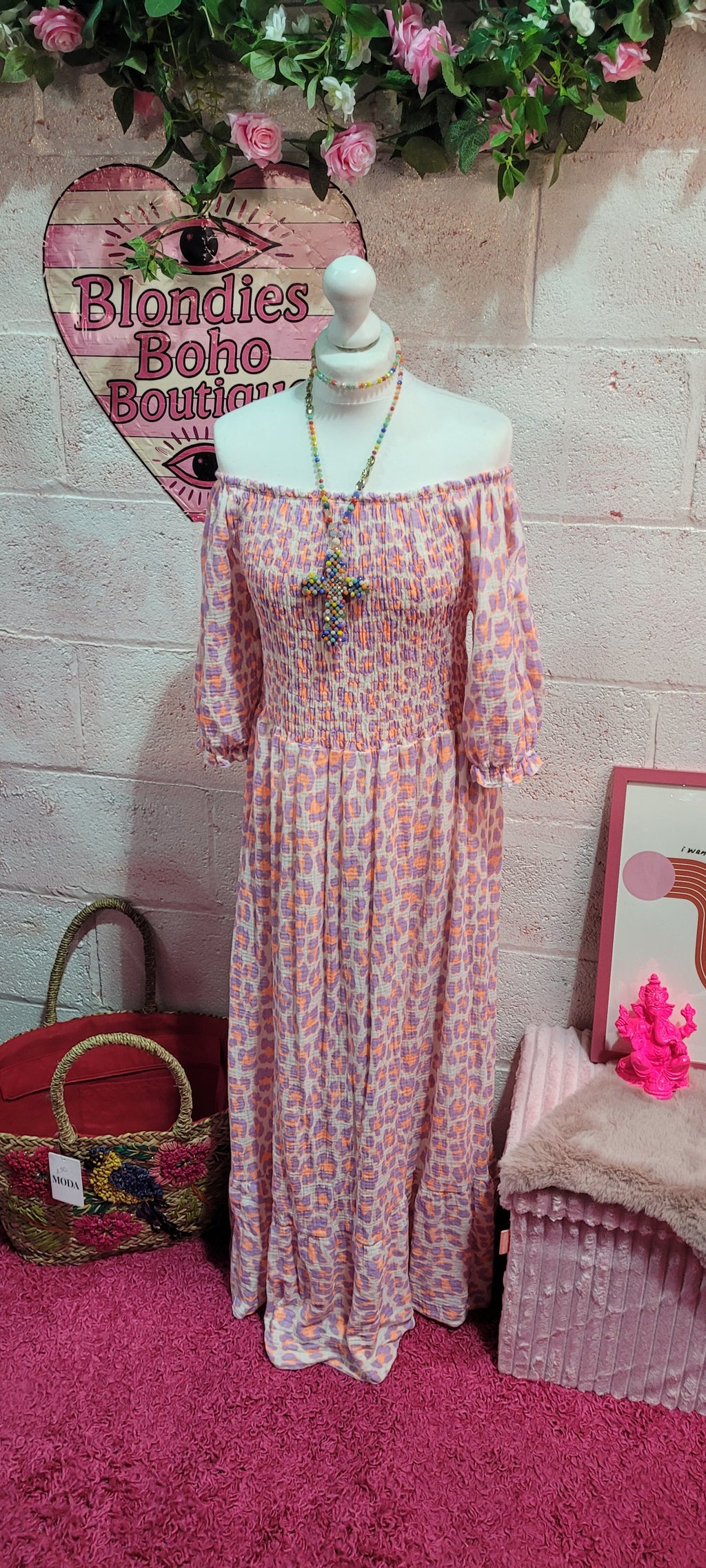 Waffle Cotton Elastine Bust Fluo Leopard Print Maxi Dress Orange & Lilac