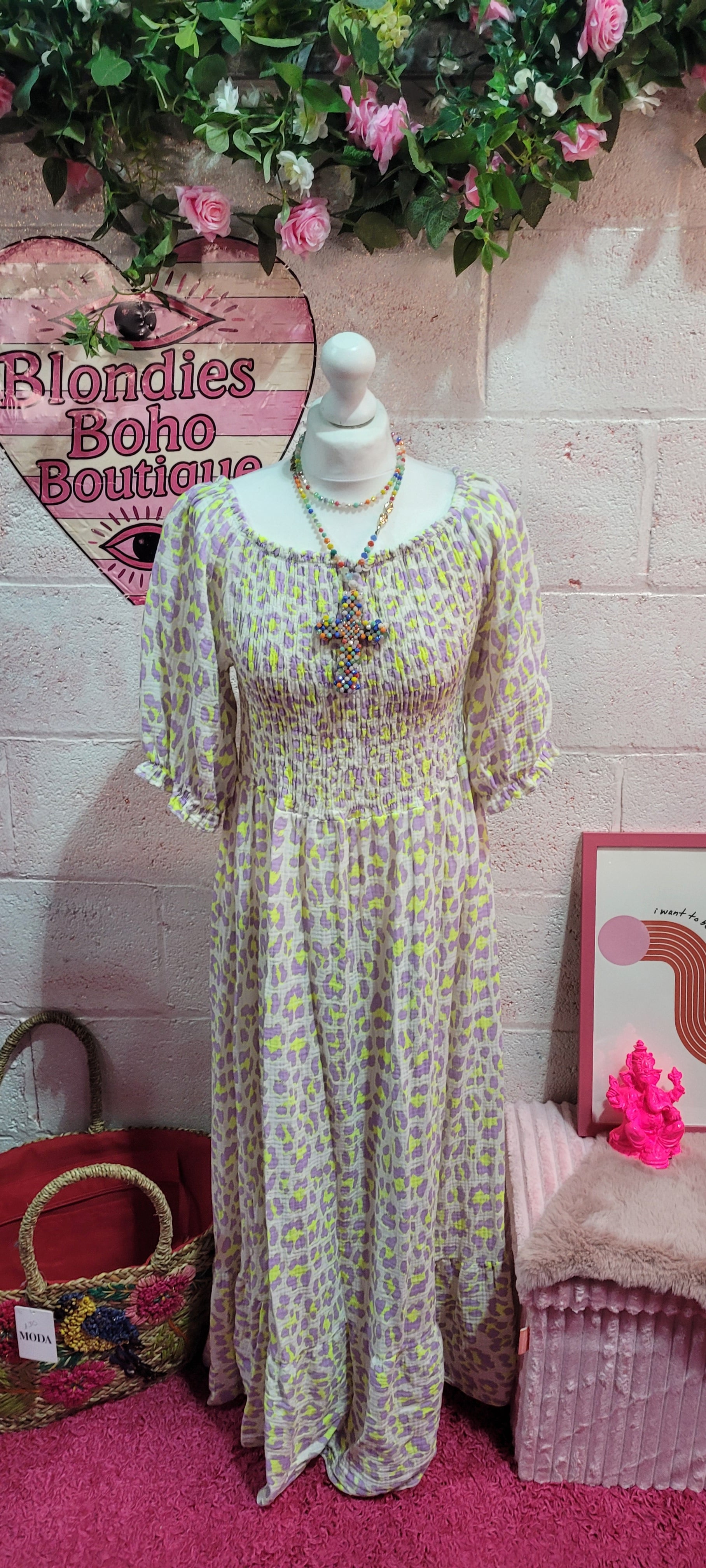 Waffle Cotton Elastine Bust Fluo Leopard Print Maxi Dress Yellow & Lilac