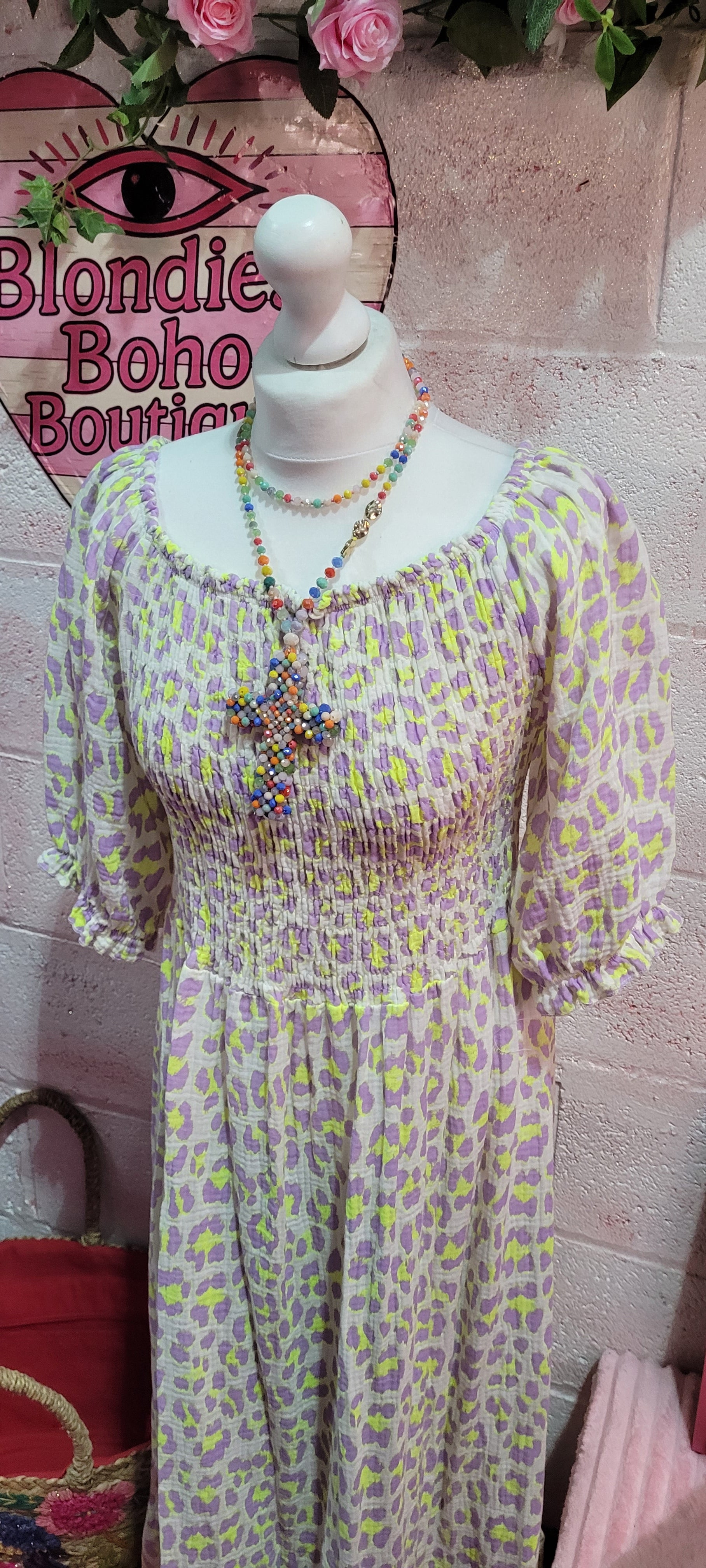 Waffle Cotton Elastine Bust Fluo Leopard Print Maxi Dress Yellow & Lilac