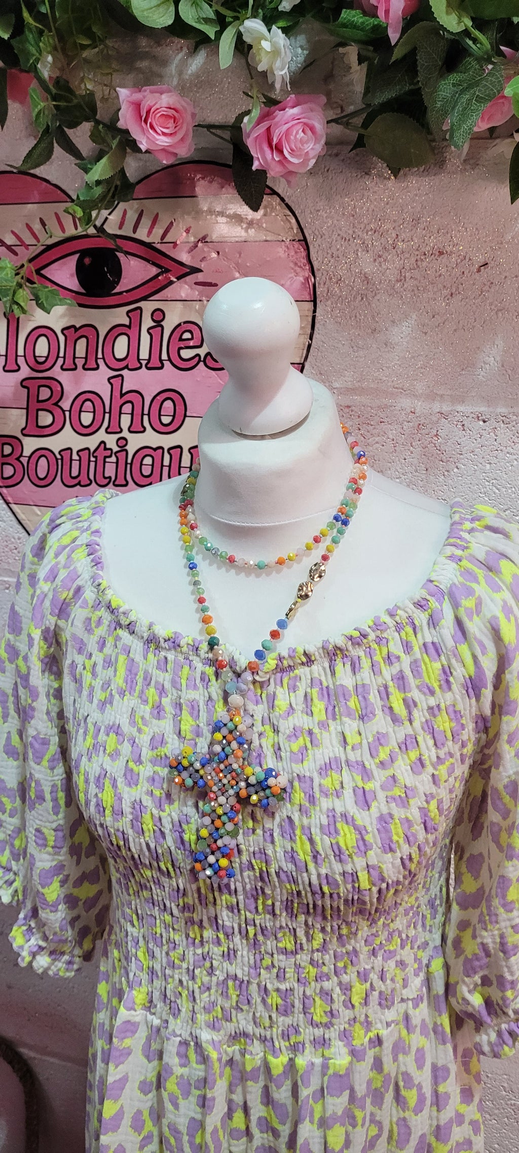Waffle Cotton Elastine Bust Fluo Leopard Print Maxi Dress Yellow & Lilac