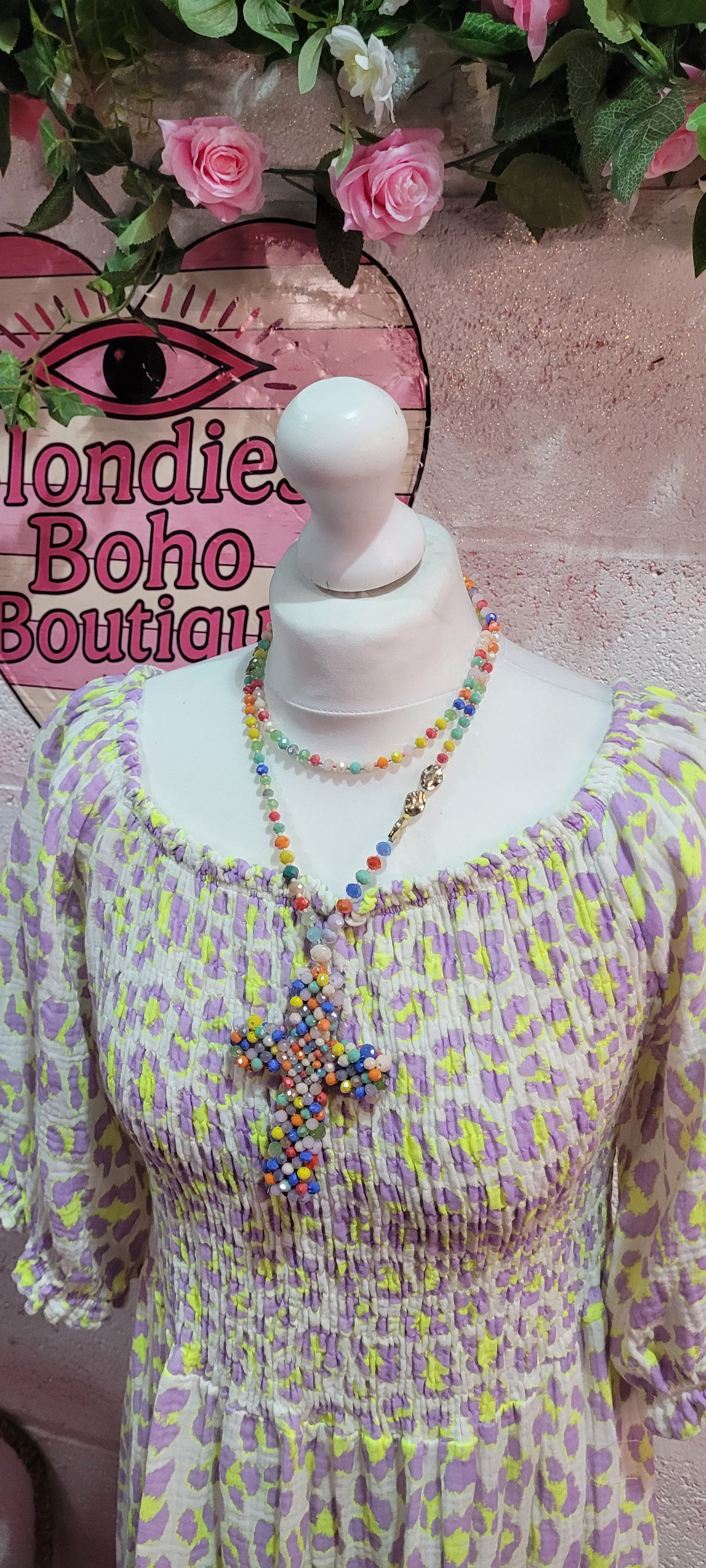 Waffle Cotton Elastine Bust Fluo Leopard Print Maxi Dress Yellow & Lilac