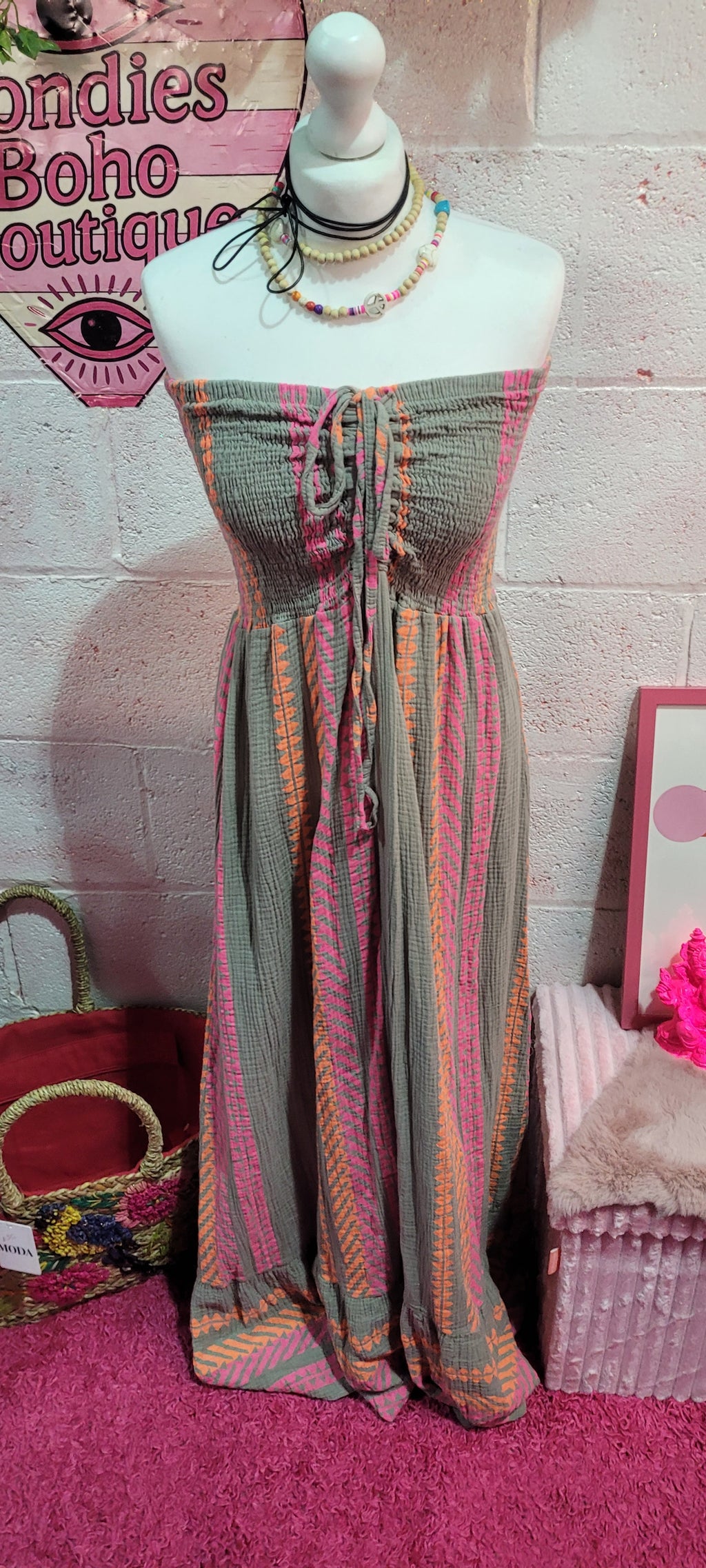 Ariana Bandeau Aztec Festival Maxi Dress Mocha & Pink