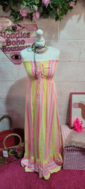 Ariana Bandeau Aztec Festival Maxi Dress Fluo Yellow & Pink