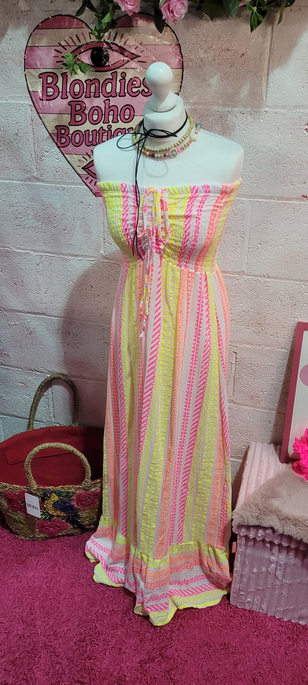 Ariana Bandeau Aztec Festival Maxi Dress Fluo Yellow & Pink