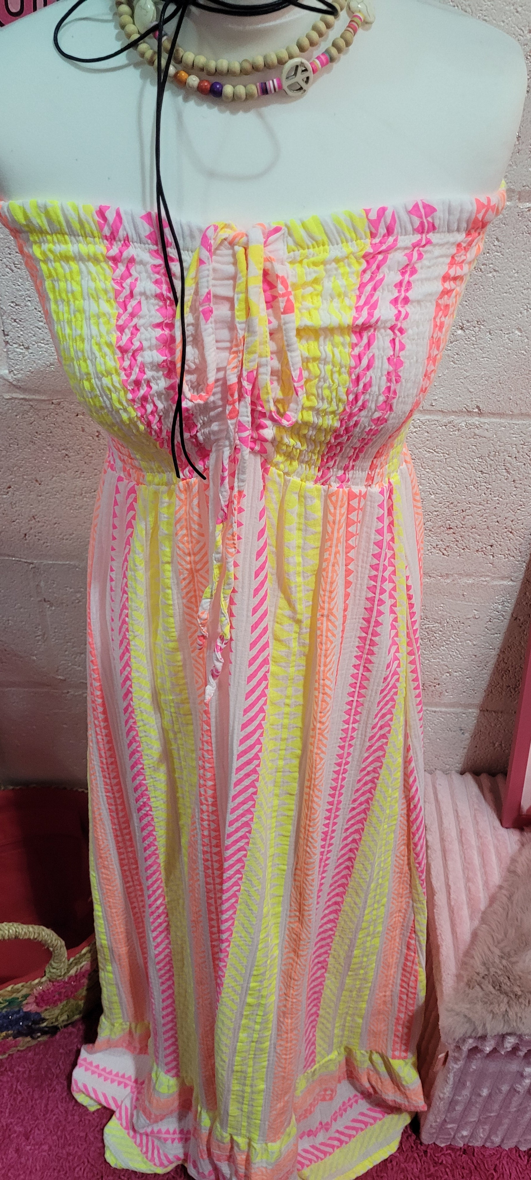 Ariana Bandeau Aztec Festival Maxi Dress Fluo Yellow & Pink