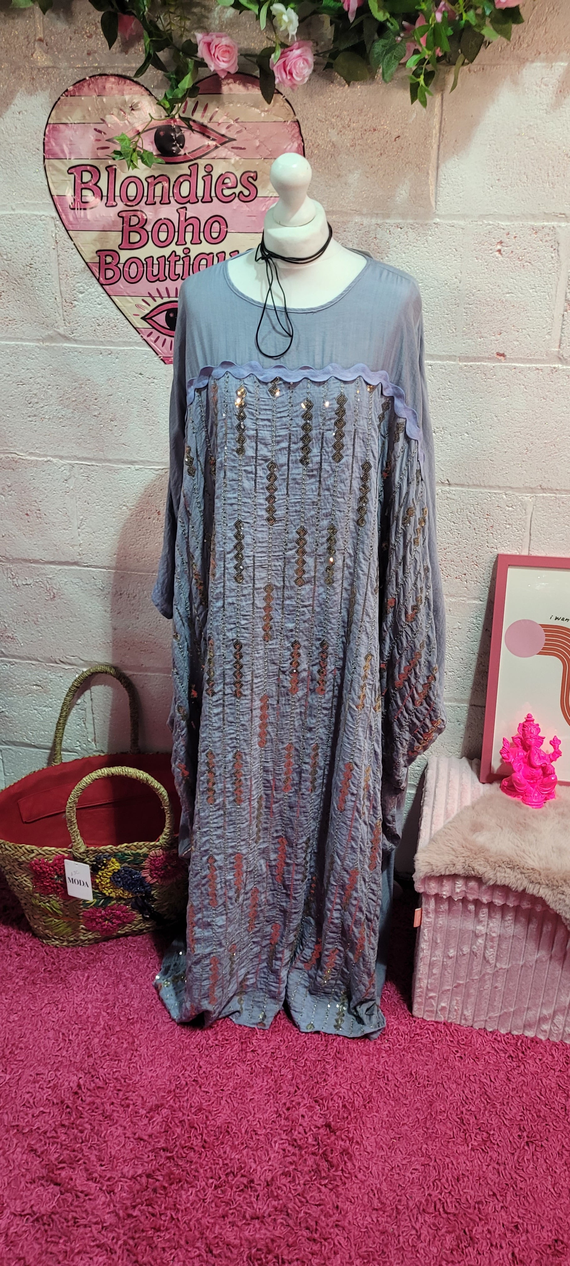 Dorinda Sequin Kaftan Washed Blue & Gold