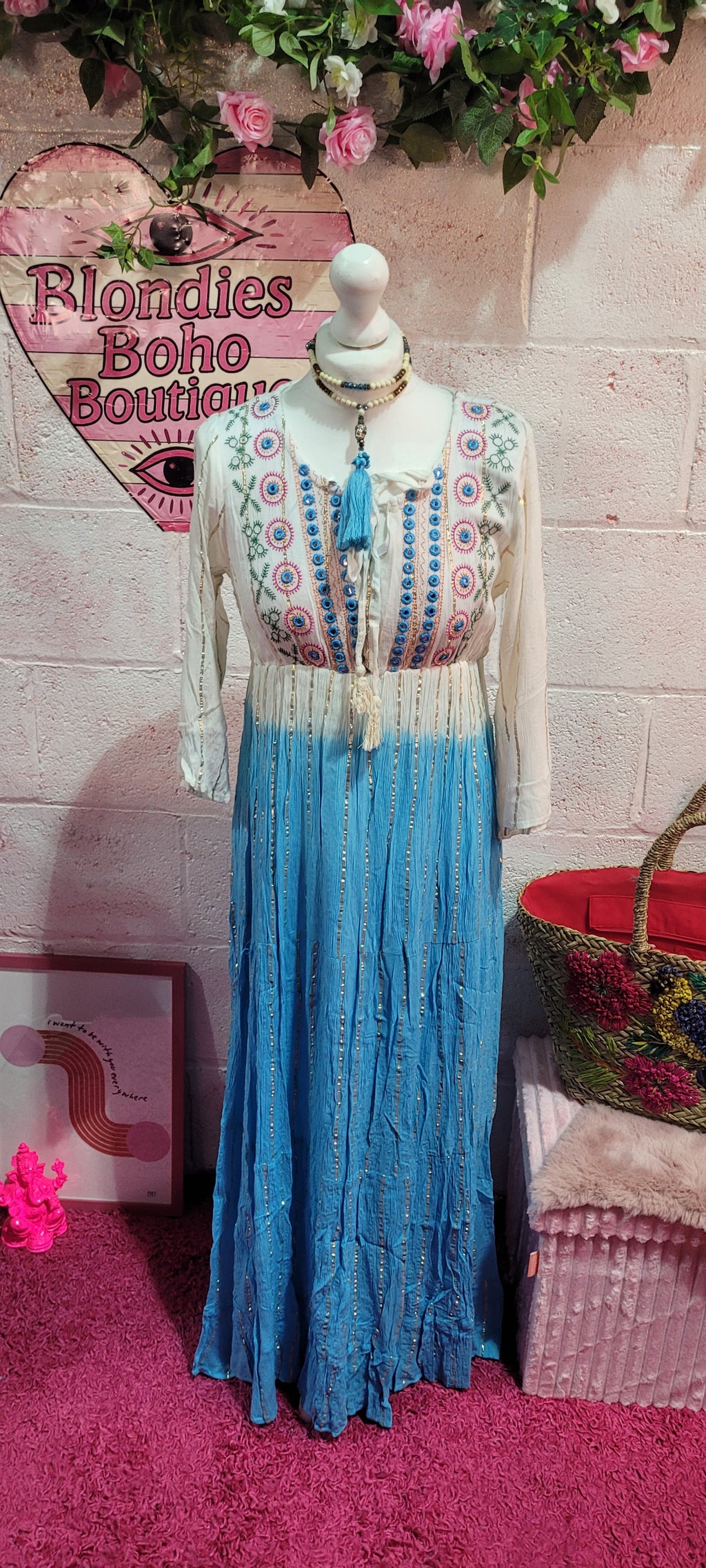 Tamika Dip Dye Mirrored Maxi Dress Bright Teal & Cream