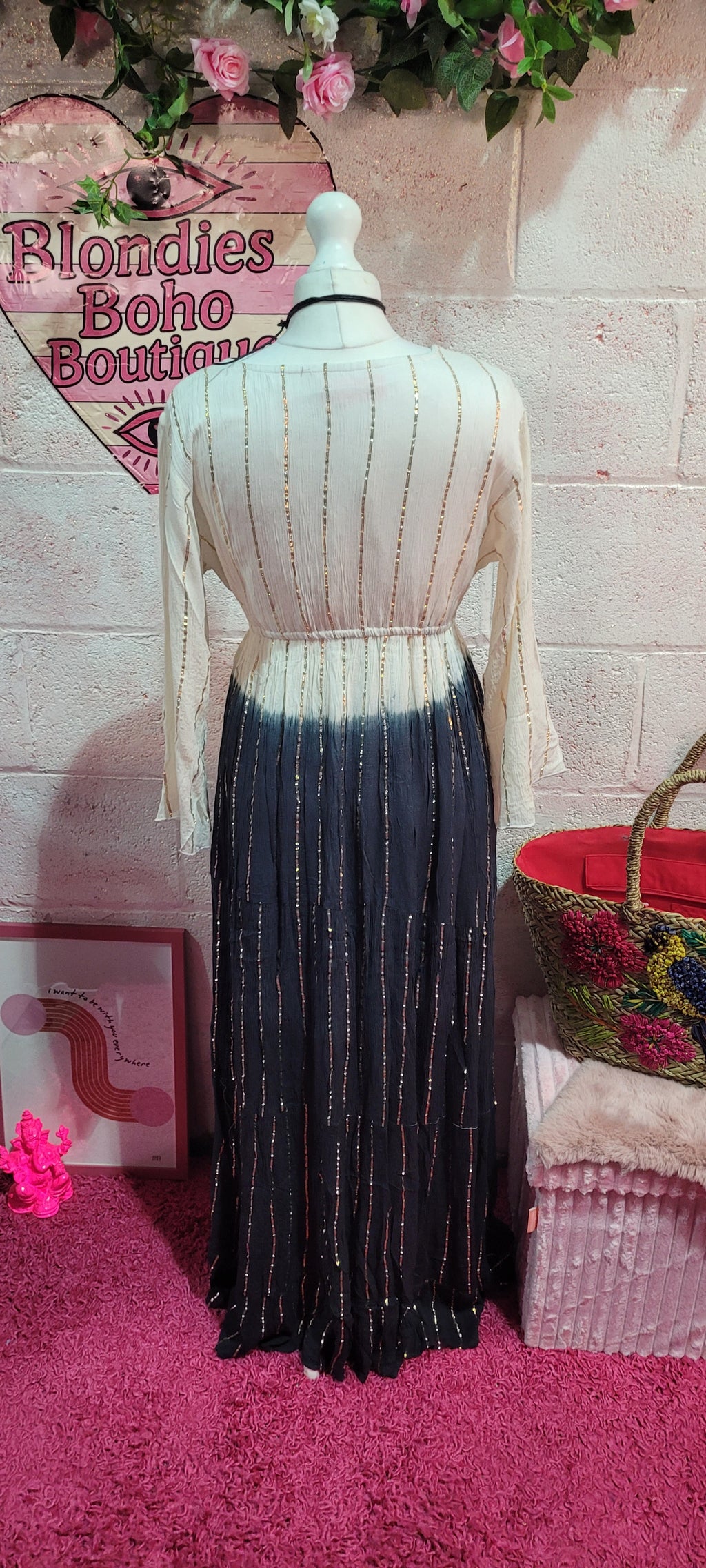 Tamika Dip Dye Mirrored Maxi Dress Cream & Charcoal