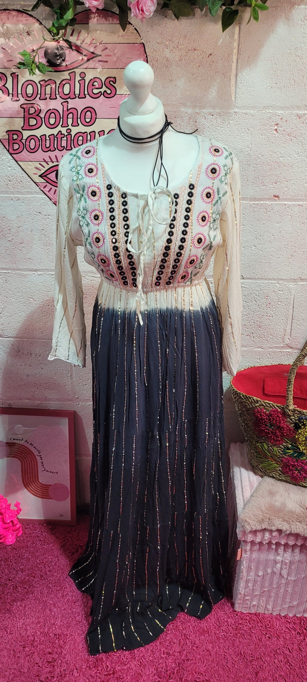 Tamika Dip Dye Mirrored Maxi Dress Cream & Charcoal