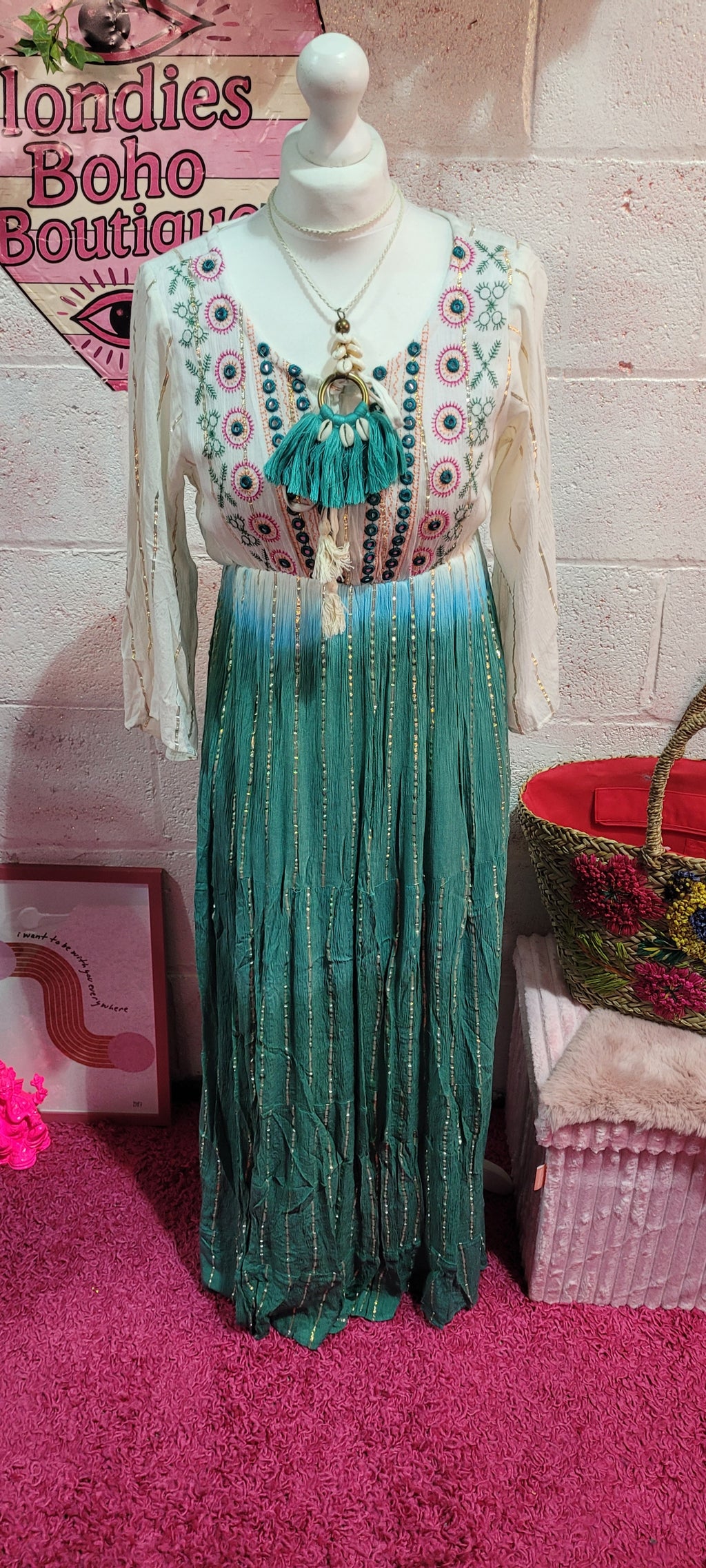 Tamika Dip Dye Mirrored Maxi Dress Cream, Emerald & Green