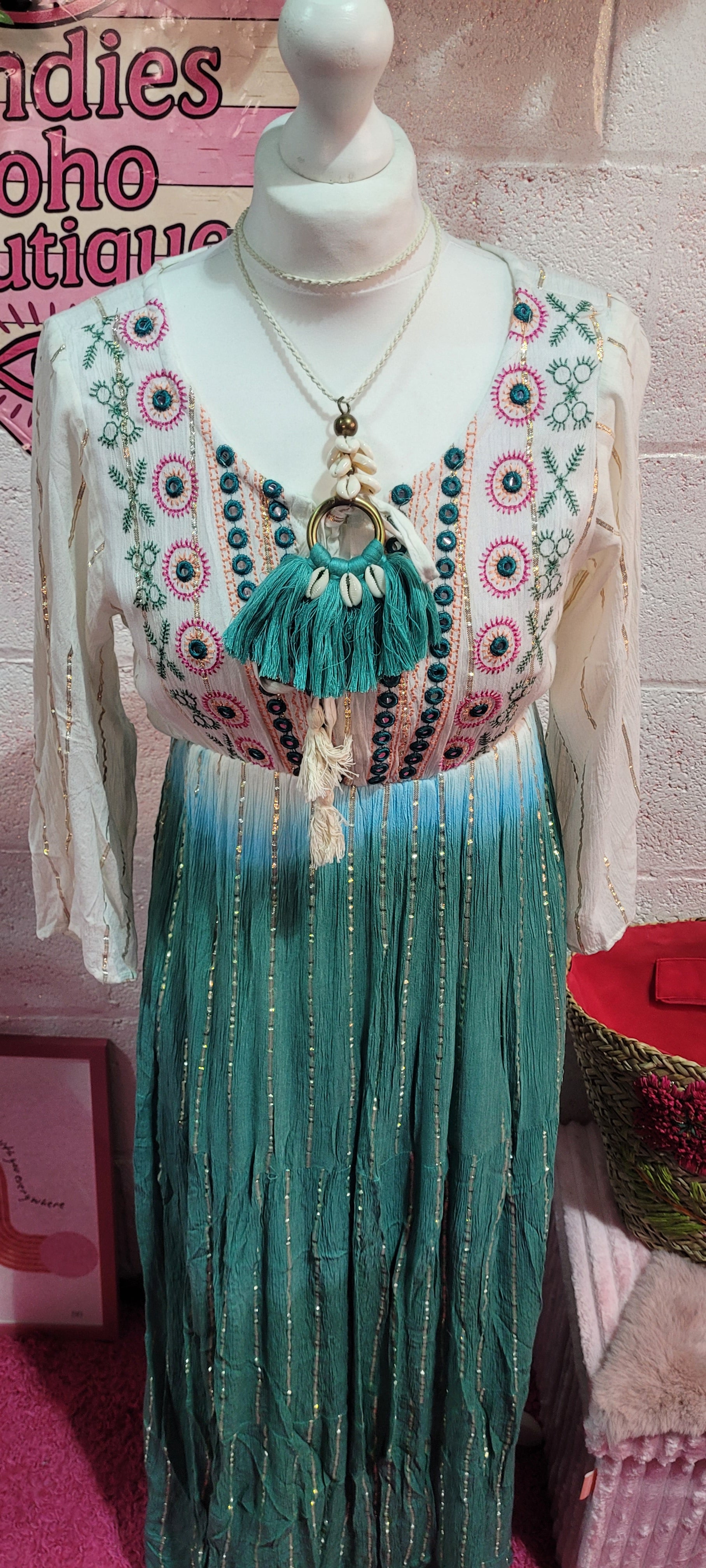 Tamika Dip Dye Mirrored Maxi Dress Cream, Emerald & Green