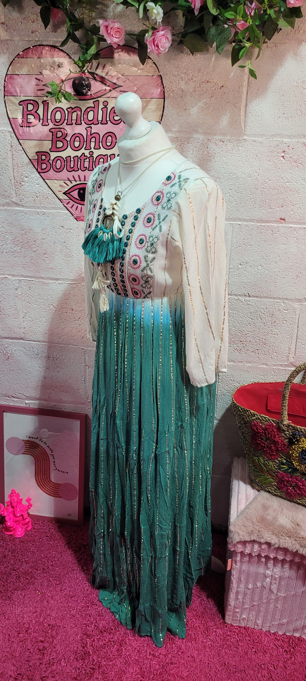 Tamika Dip Dye Mirrored Maxi Dress Cream, Emerald & Green