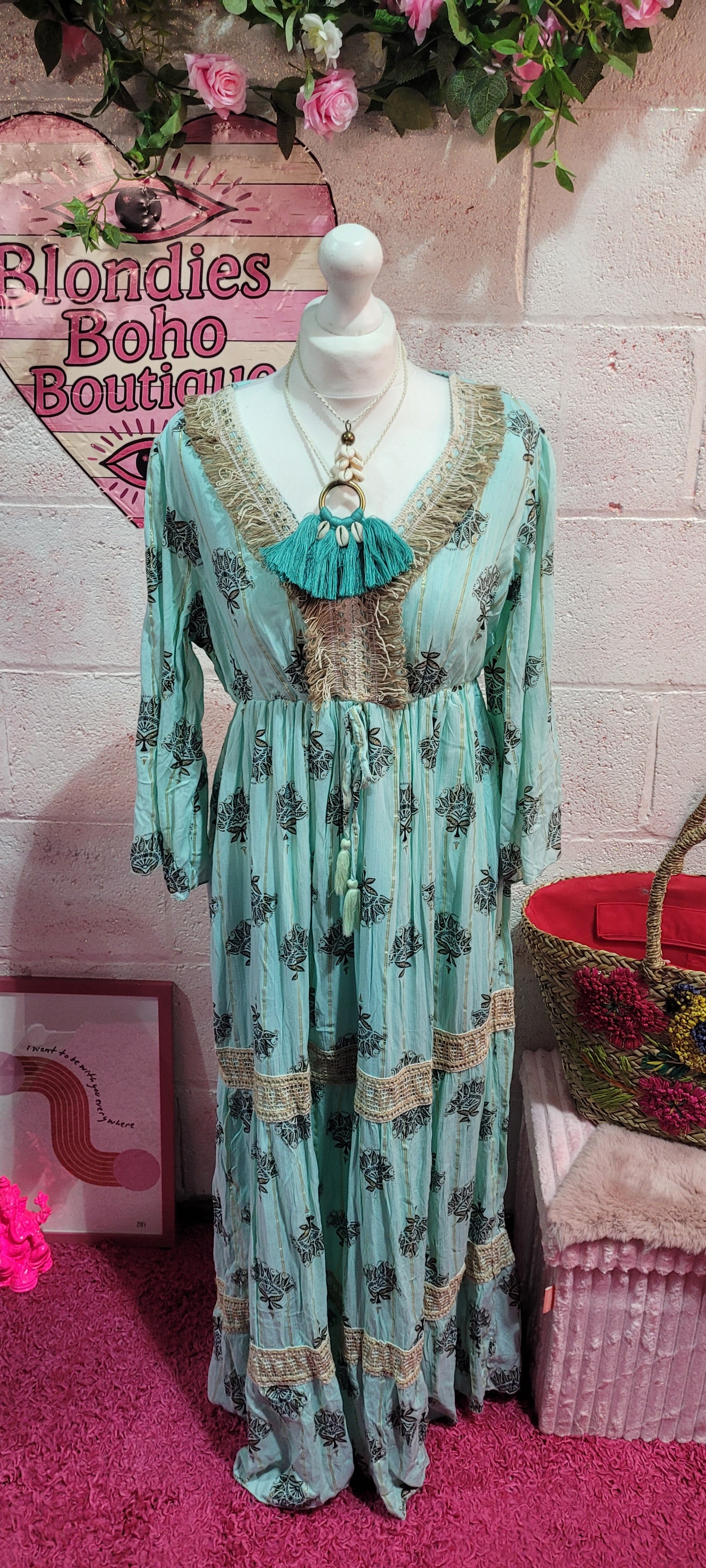 Mia Hessian Trimmed Maxi Dress Teal & Gold