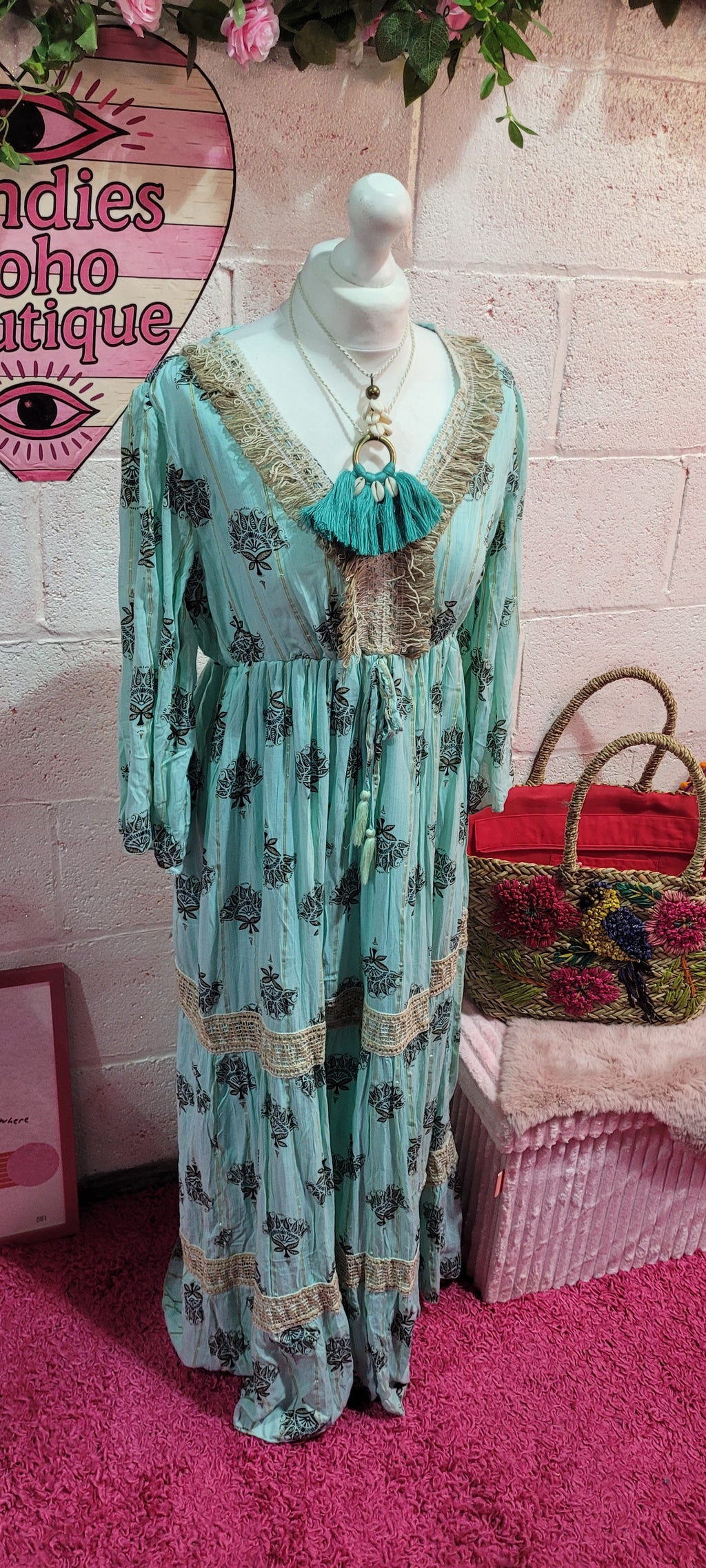 Mia Hessian Trimmed Maxi Dress Teal & Gold
