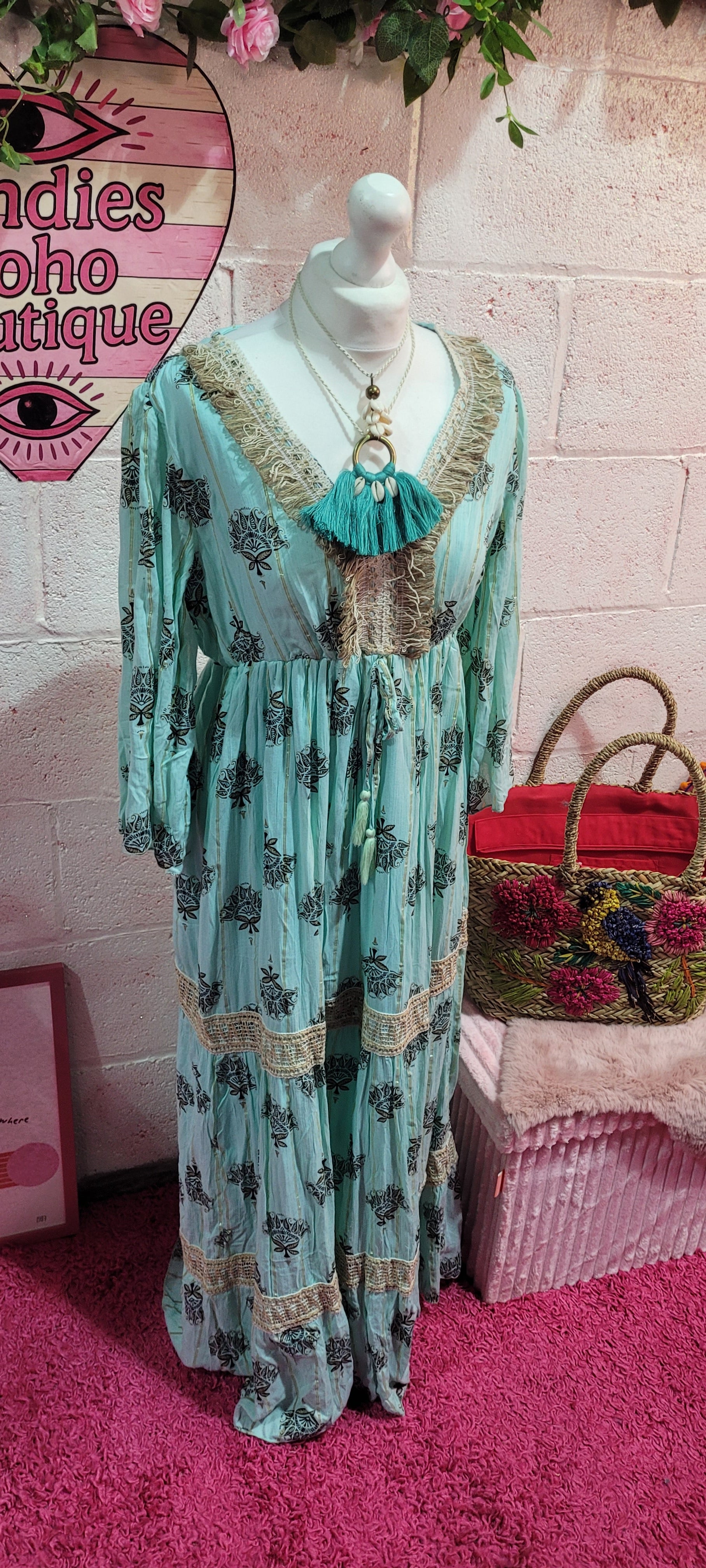 Mia Hessian Trimmed Maxi Dress Teal & Gold