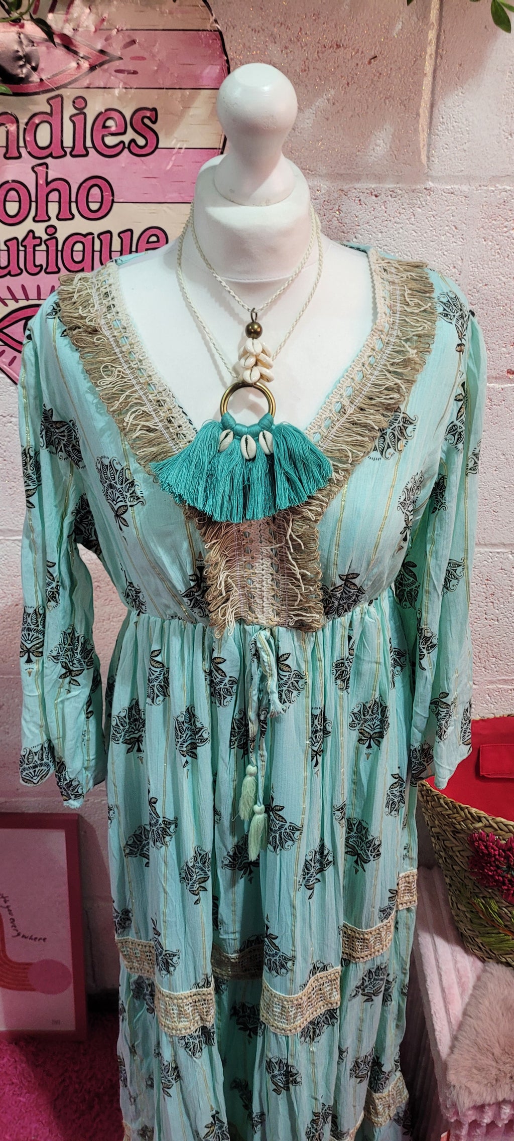 Mia Hessian Trimmed Maxi Dress Teal & Gold