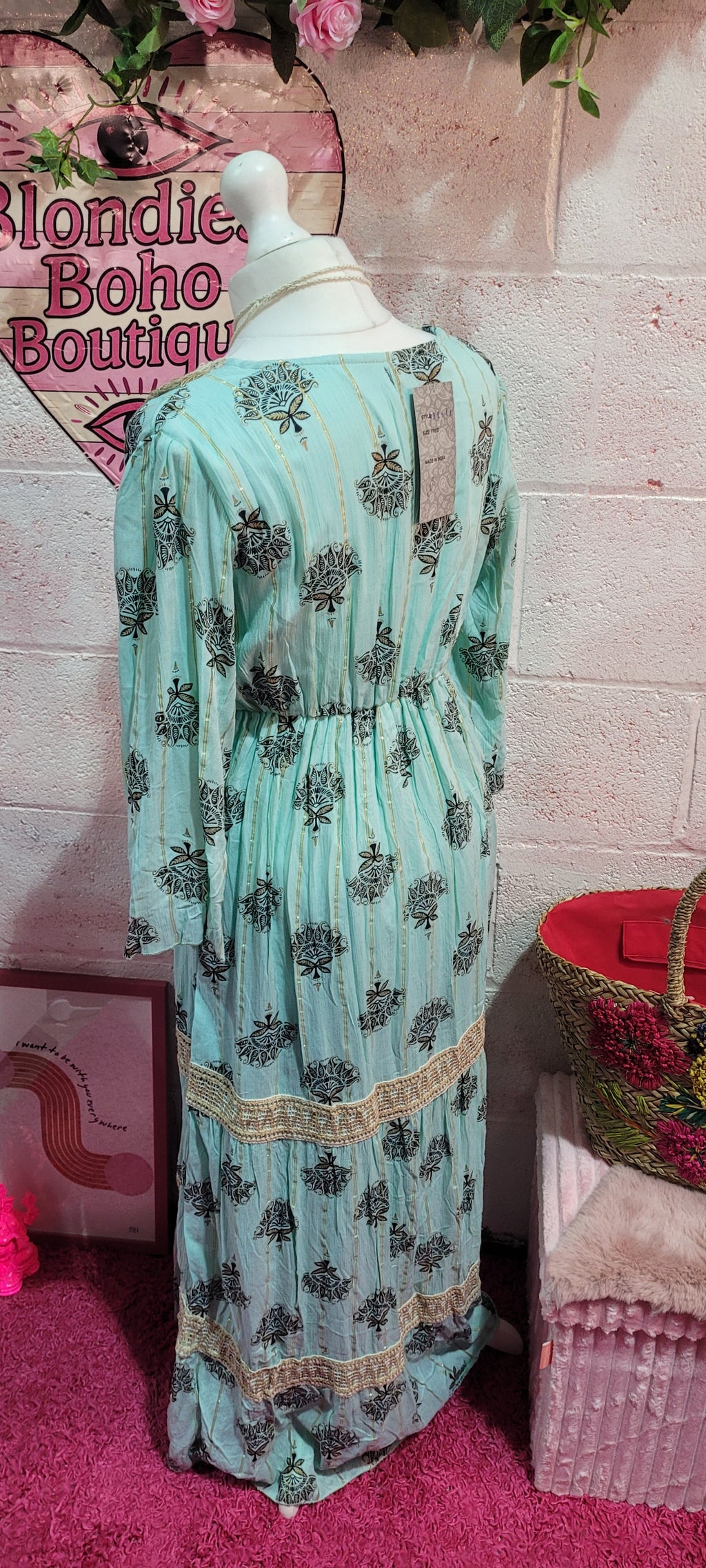 Mia Hessian Trimmed Maxi Dress Teal & Gold
