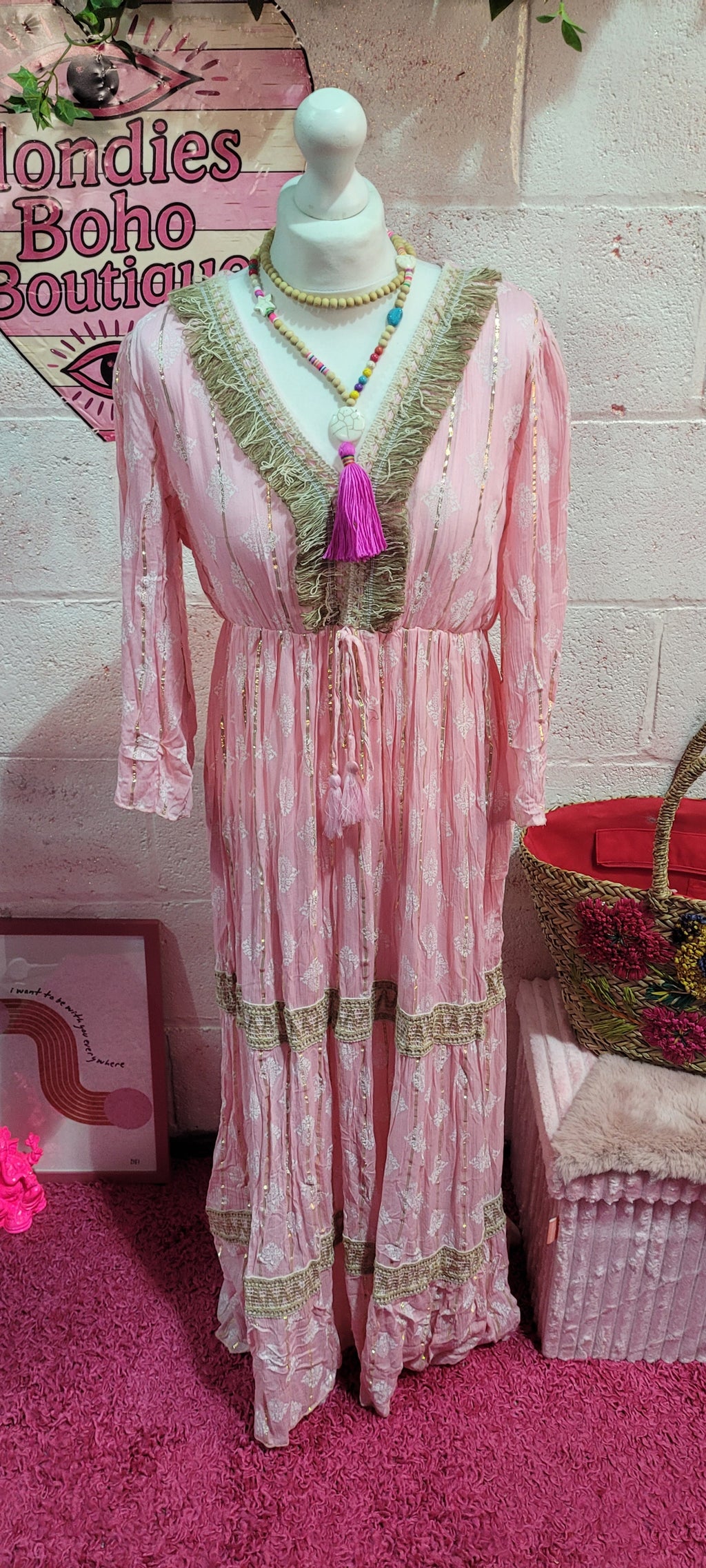 Mia Hessian Trimmed Maxi Dress Soft Pink & Gold